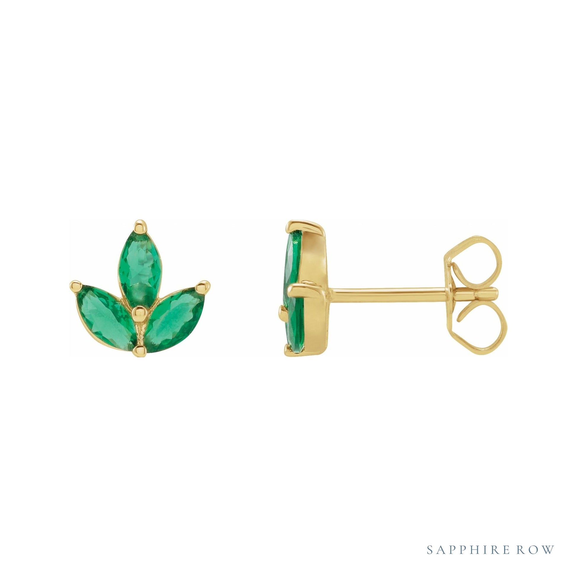 Sapphire Row Natural Gemstone Lotus Cluster Stud Earrings - Emerald, 14K Yellow Gold