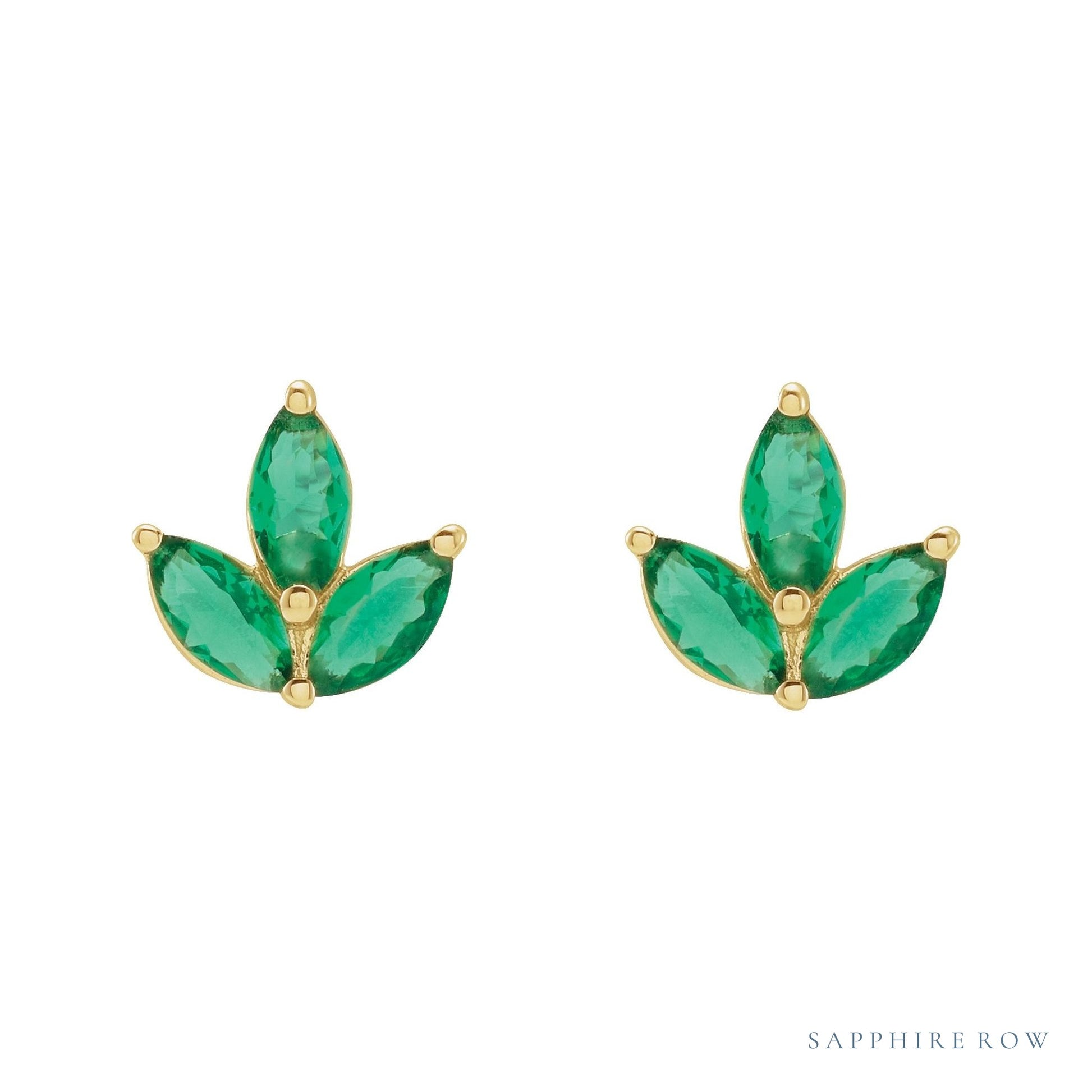 Sapphire Row Natural Gemstone Lotus Cluster Stud Earrings - Emerald, 14K Yellow Gold (view 2)