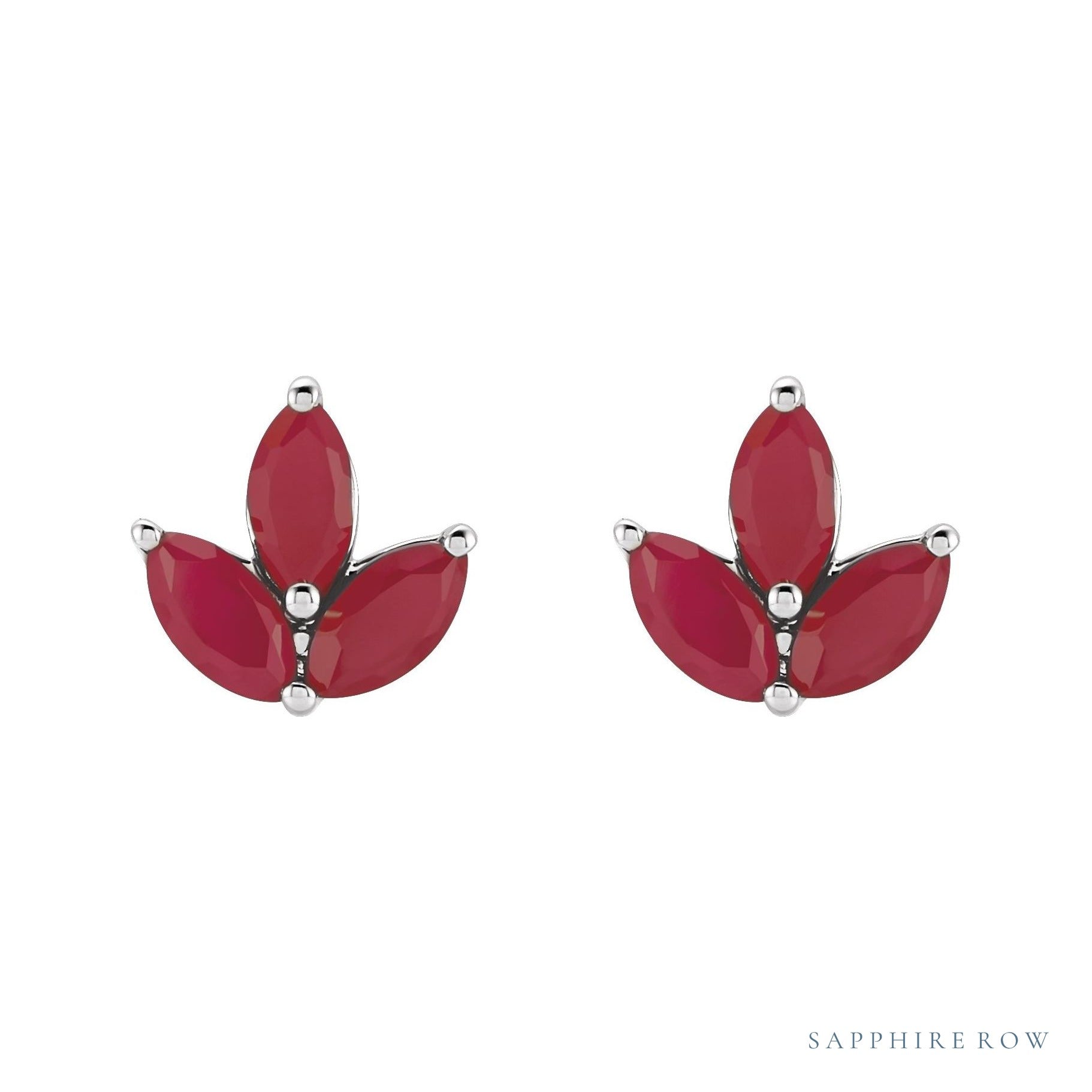 Sapphire Row Natural Gemstone Lotus Cluster Stud Earrings - Ruby, 14K White Gold (view 2)