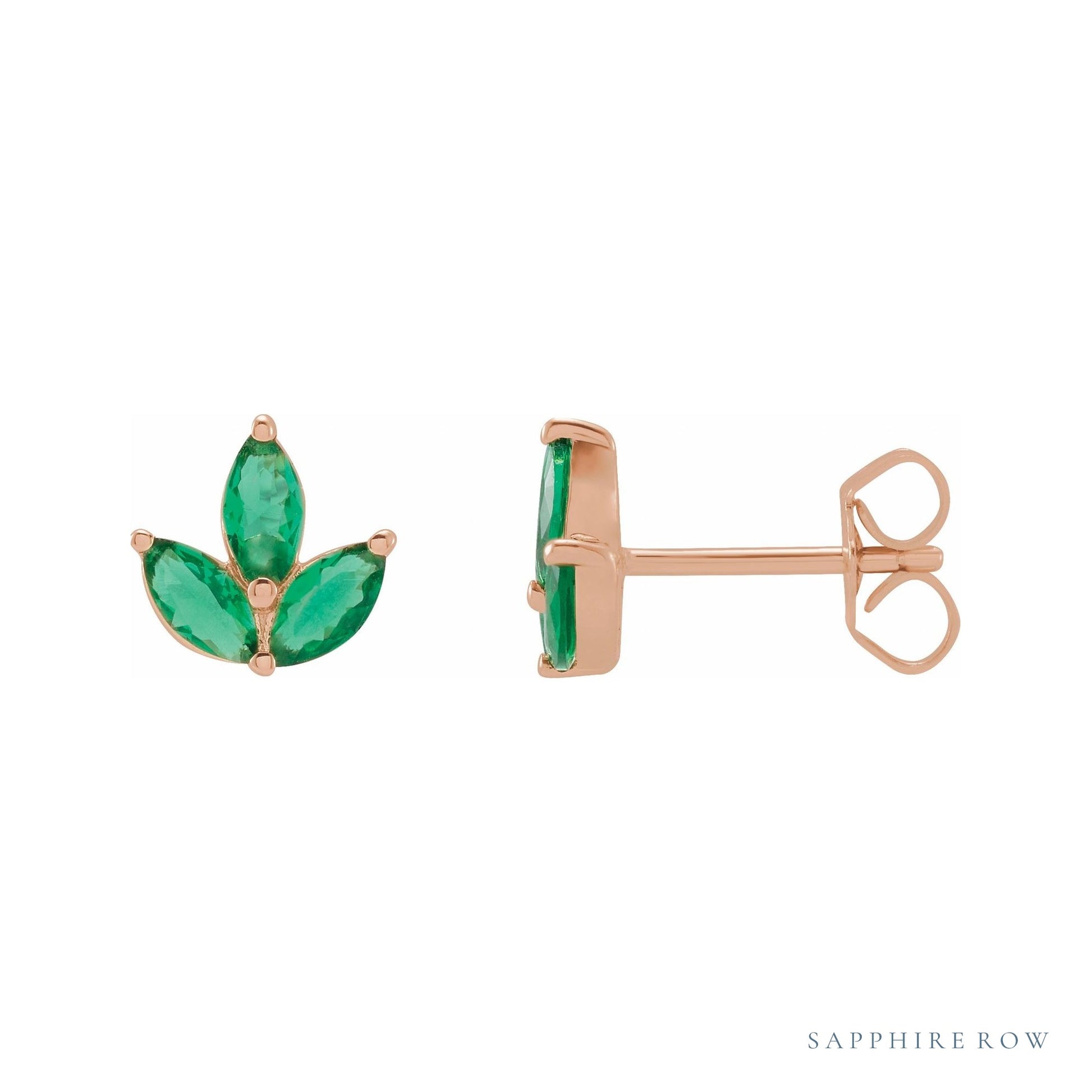 Sapphire Row Natural Gemstone Lotus Cluster Stud Earrings - Emerald, 14K Rose Gold