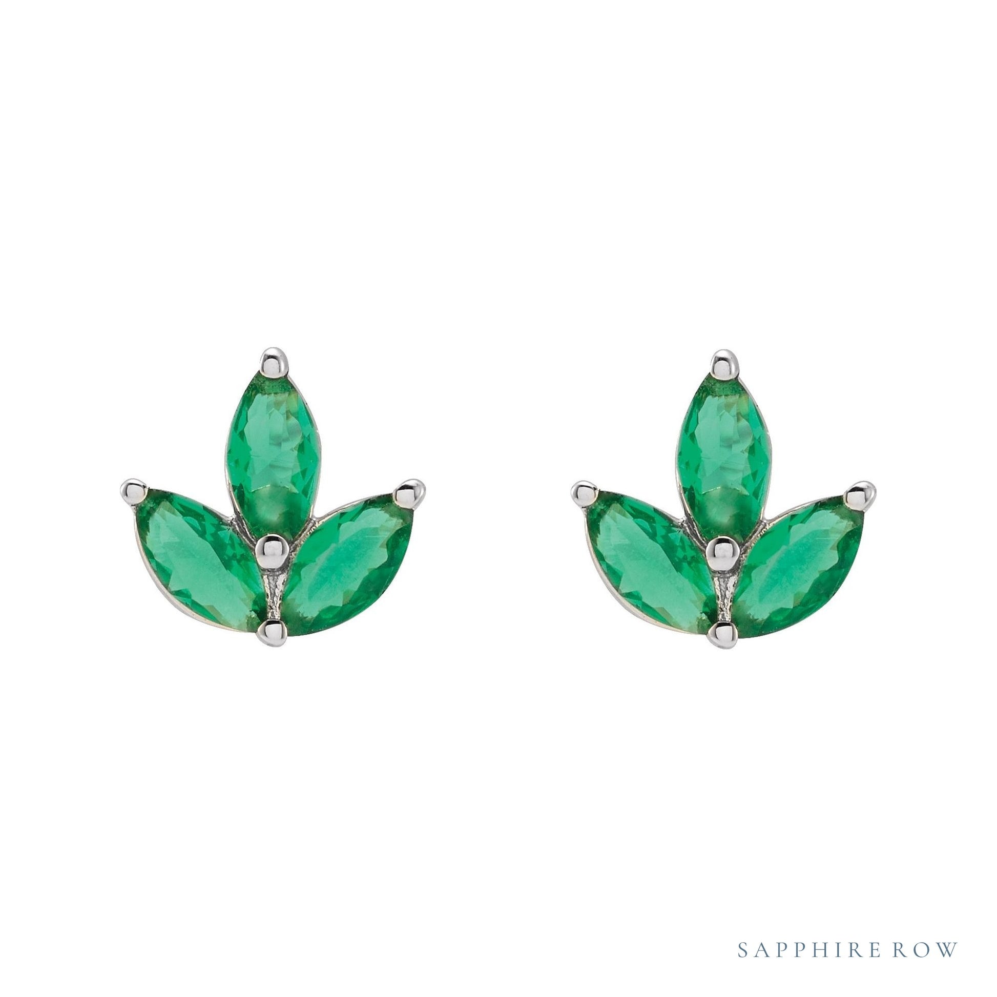 Sapphire Row Natural Gemstone Lotus Cluster Stud Earrings - Emerald, 14K White Gold (view 2)