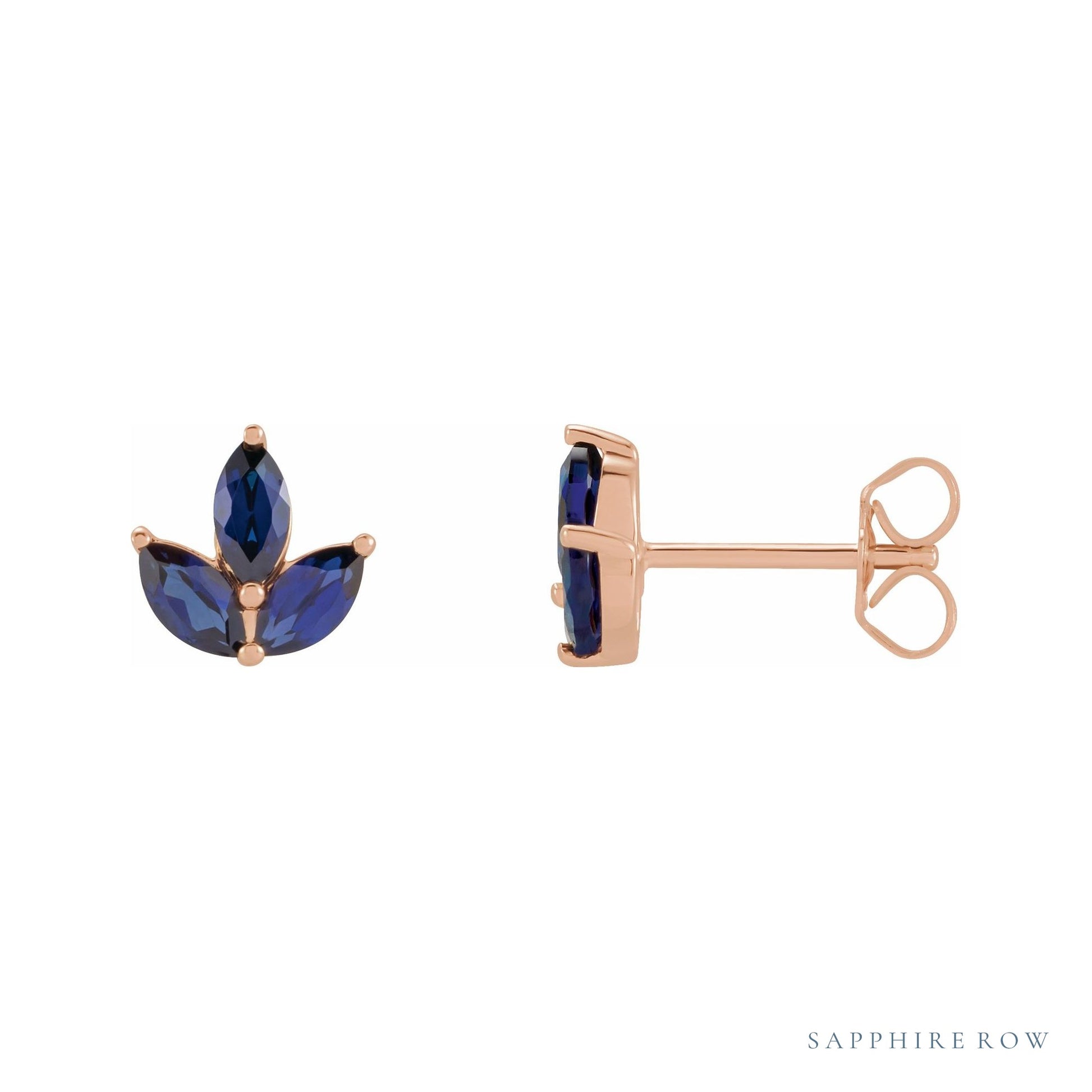 Sapphire Row Natural Gemstone Lotus Cluster Stud Earrings - Blue Sapphire, 14K Rose Gold