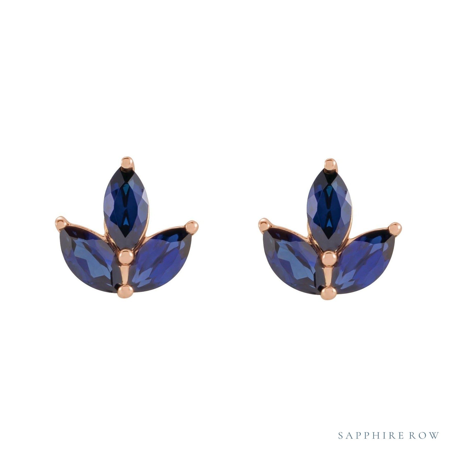 Sapphire Row Natural Gemstone Lotus Cluster Stud Earrings - Blue Sapphire, 14K Rose Gold (view 2)