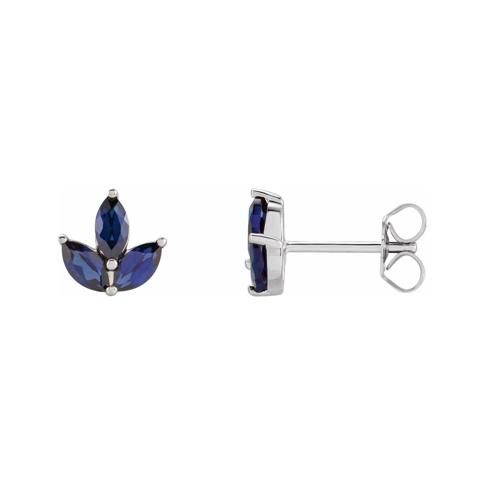 Sapphire Row Natural Gemstone Lotus Cluster Stud Earrings - Blue Sapphire, 14K White Gold