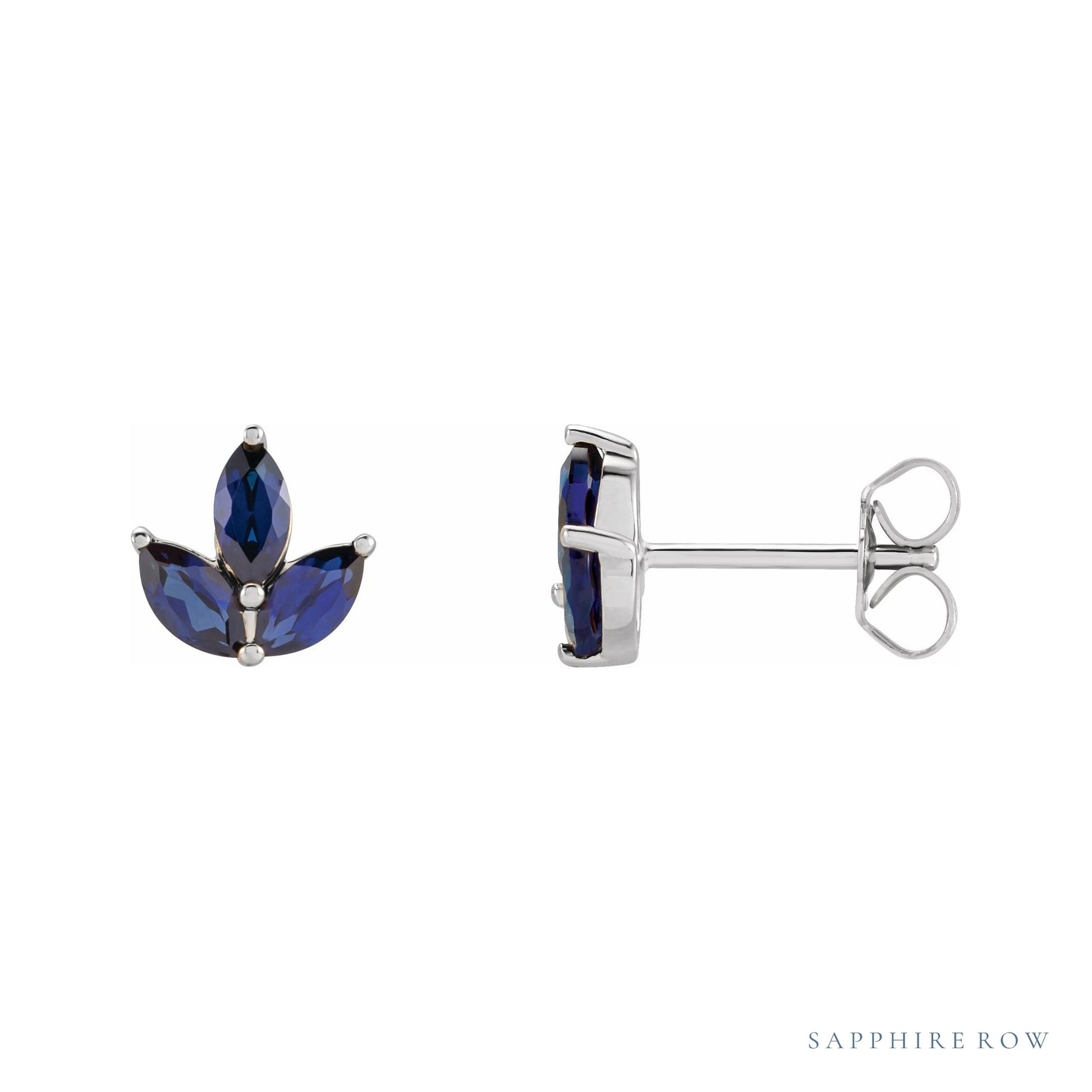 Sapphire Row Natural Gemstone Lotus Cluster Stud Earrings - Blue Sapphire, 14K White Gold