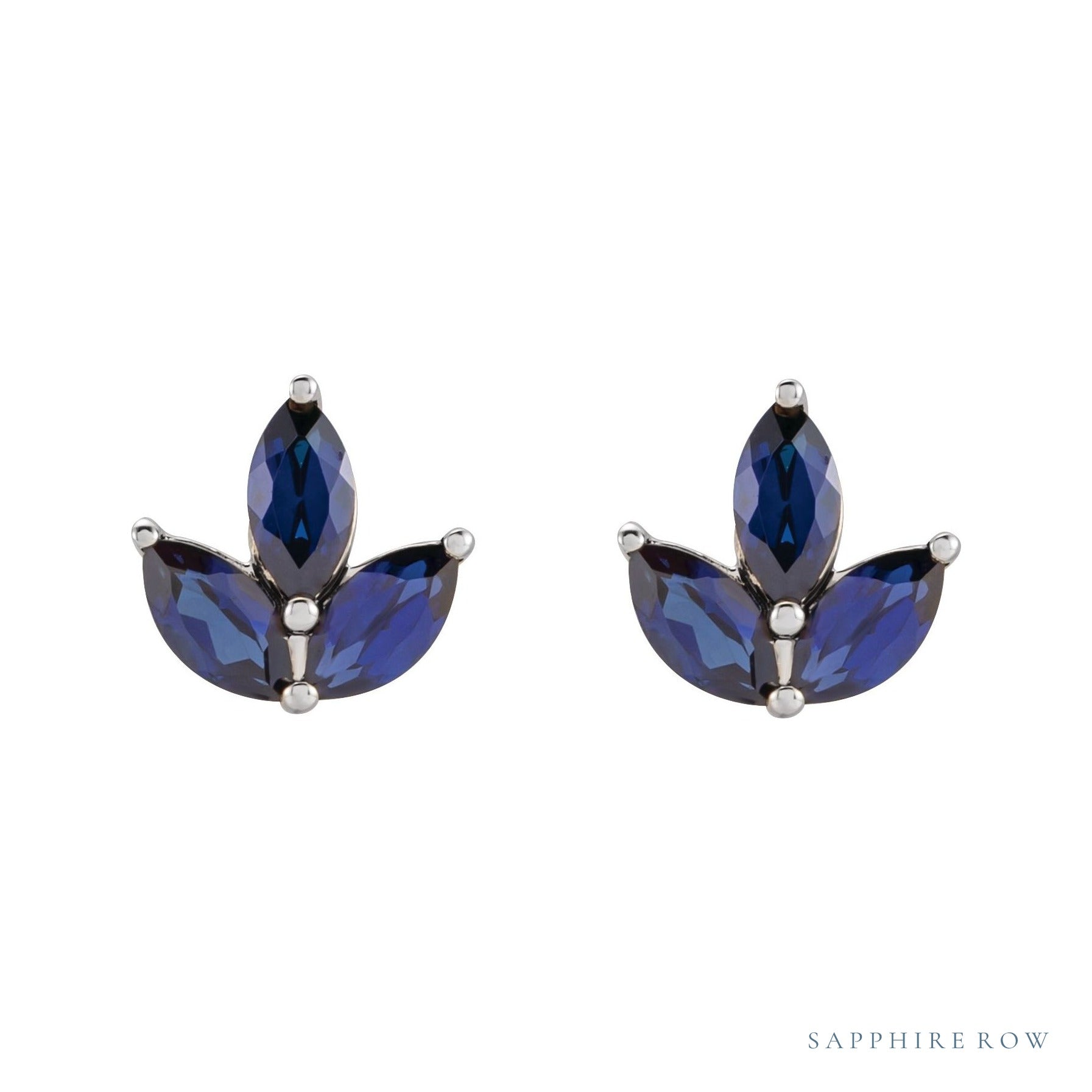Sapphire Row Natural Gemstone Lotus Cluster Stud Earrings - Blue Sapphire, 14K White Gold (view 2)