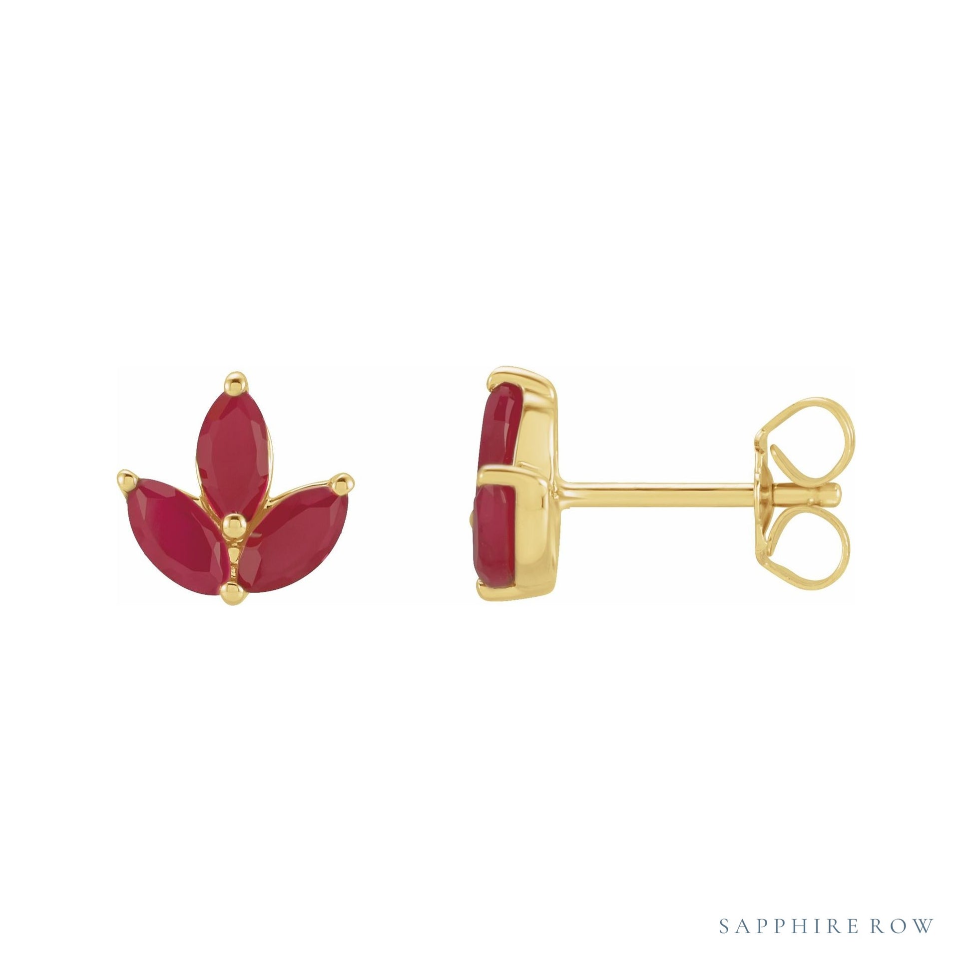Sapphire Row Natural Gemstone Lotus Cluster Stud Earrings - Ruby, 14K Yellow Gold