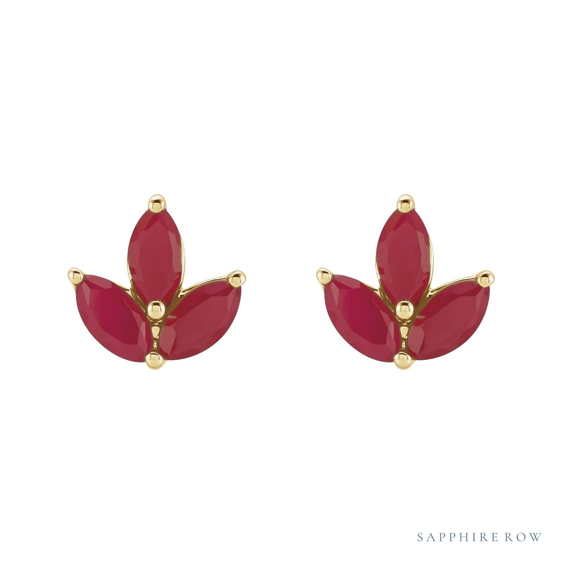 Sapphire Row Natural Gemstone Lotus Cluster Stud Earrings - Ruby, 14K Yellow Gold (view 2)