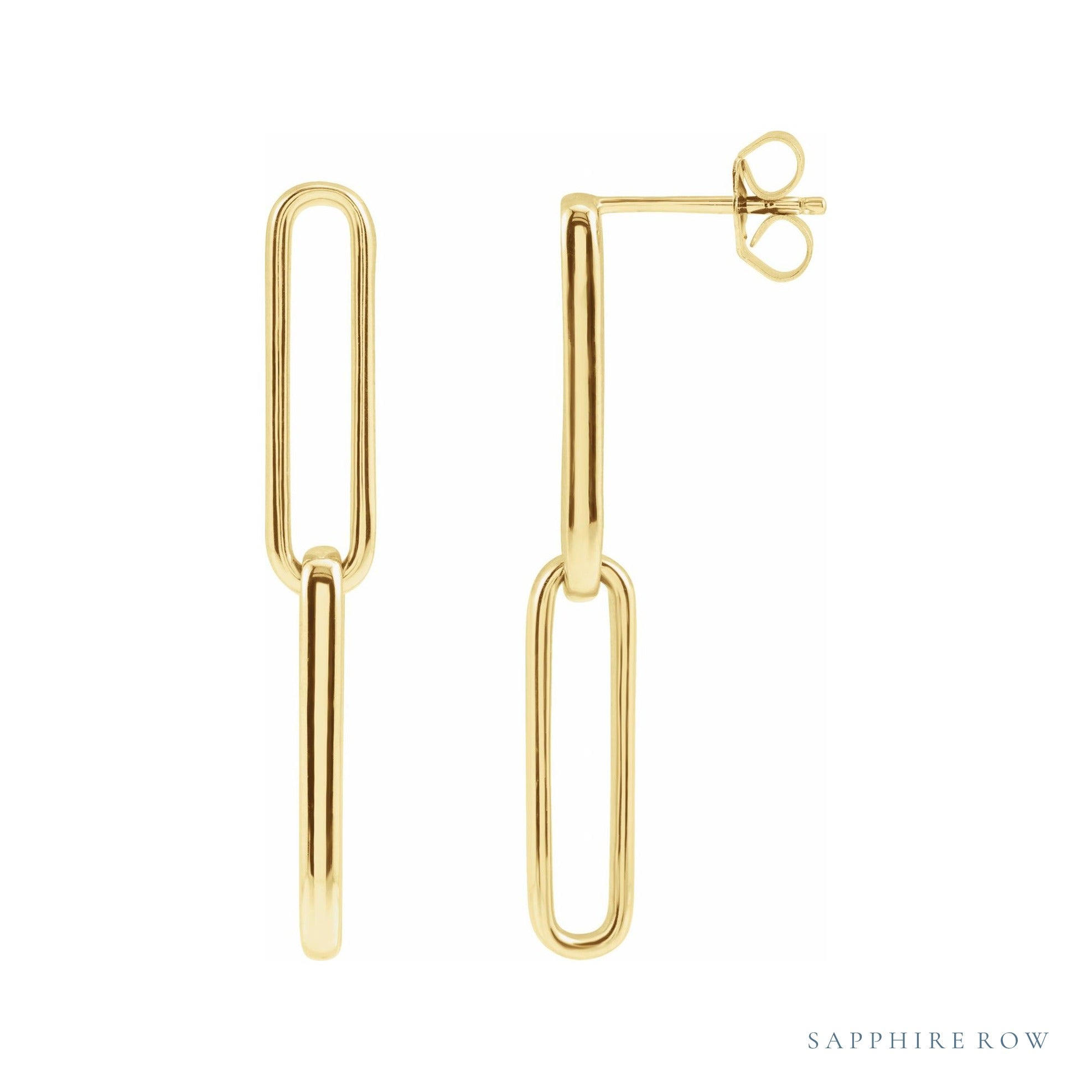 Sapphire Row Gold Paperclip Link Earrings - 14K Yellow Gold
