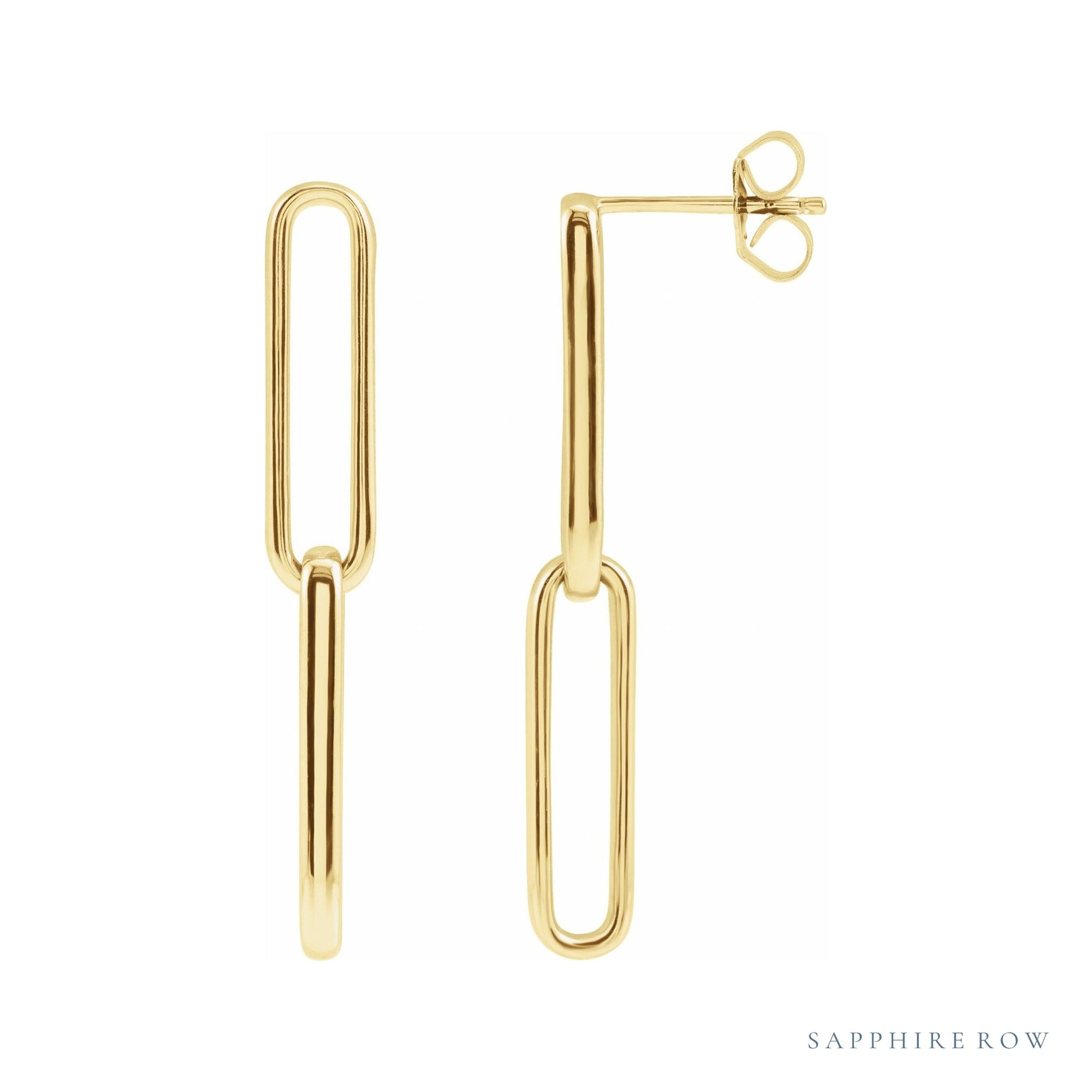 Sapphire Row Gold Paperclip Link Earrings - 14K Yellow Gold