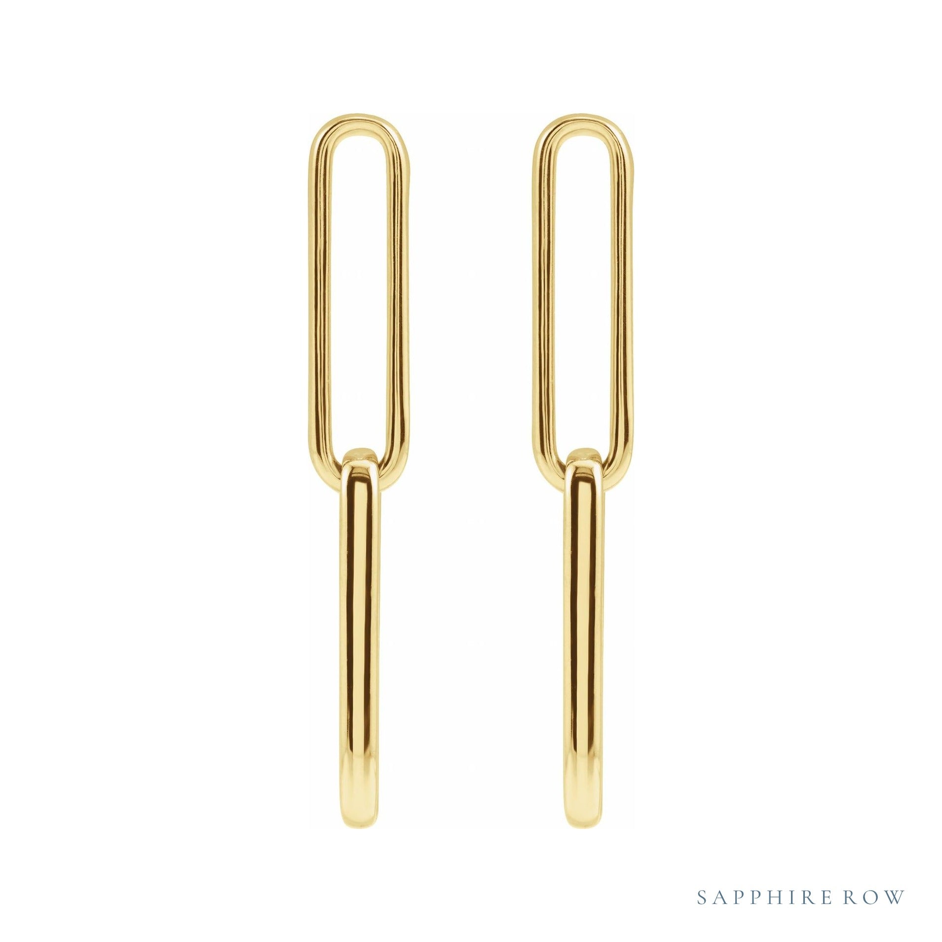 Sapphire Row Gold Paperclip Link Earrings - 14K Yellow Gold (view 2)
