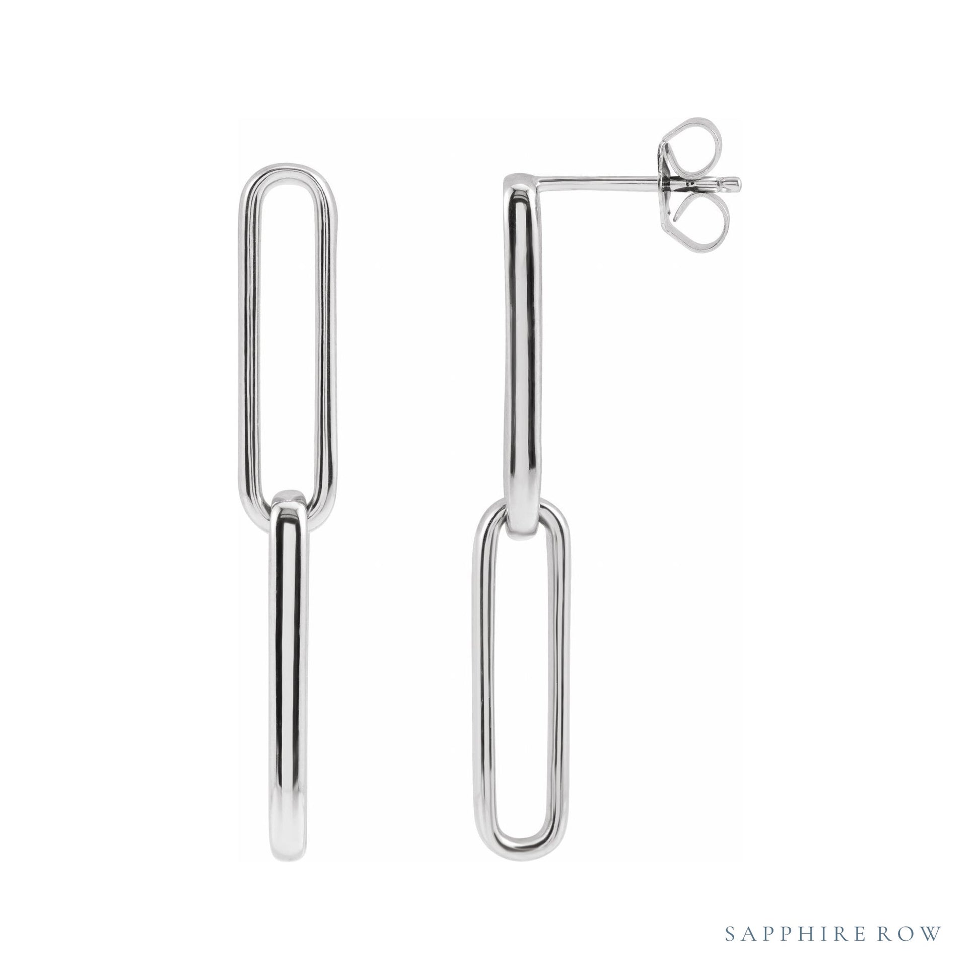 Sapphire Row Gold Paperclip Link Earrings - 14K White Gold