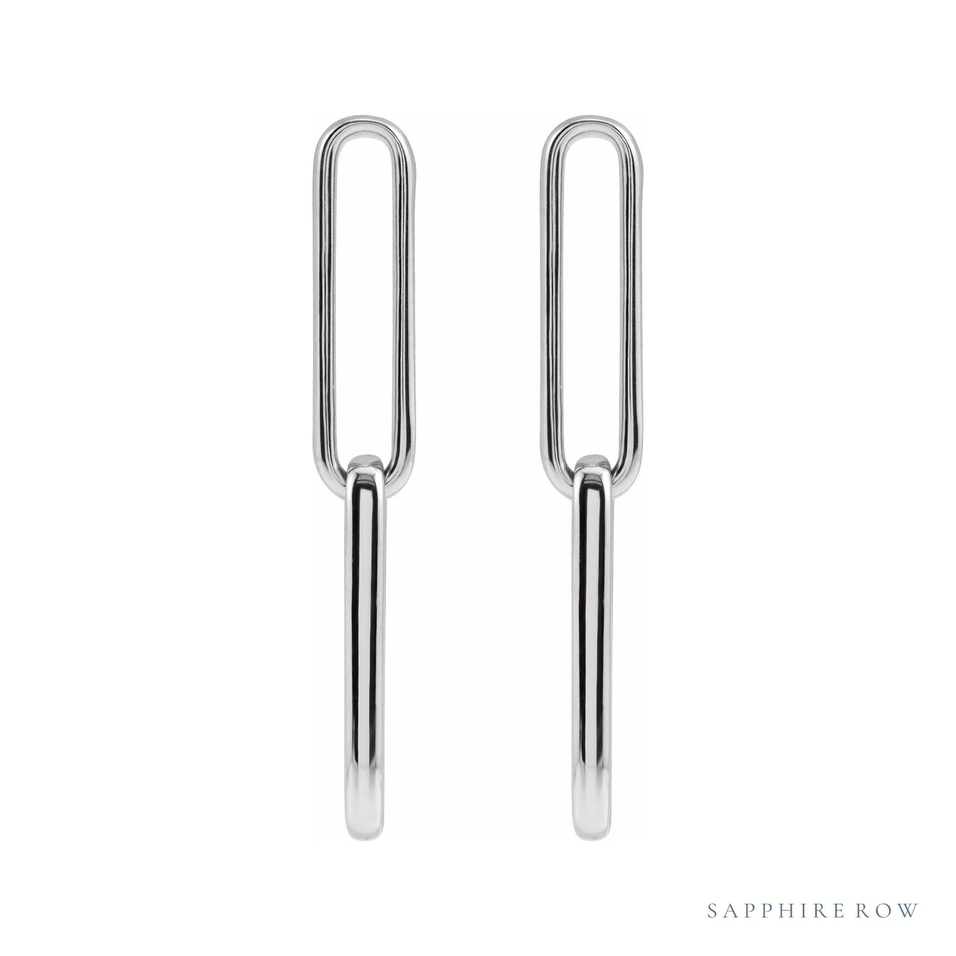 Sapphire Row Gold Paperclip Link Earrings - 14K White Gold (view 2)