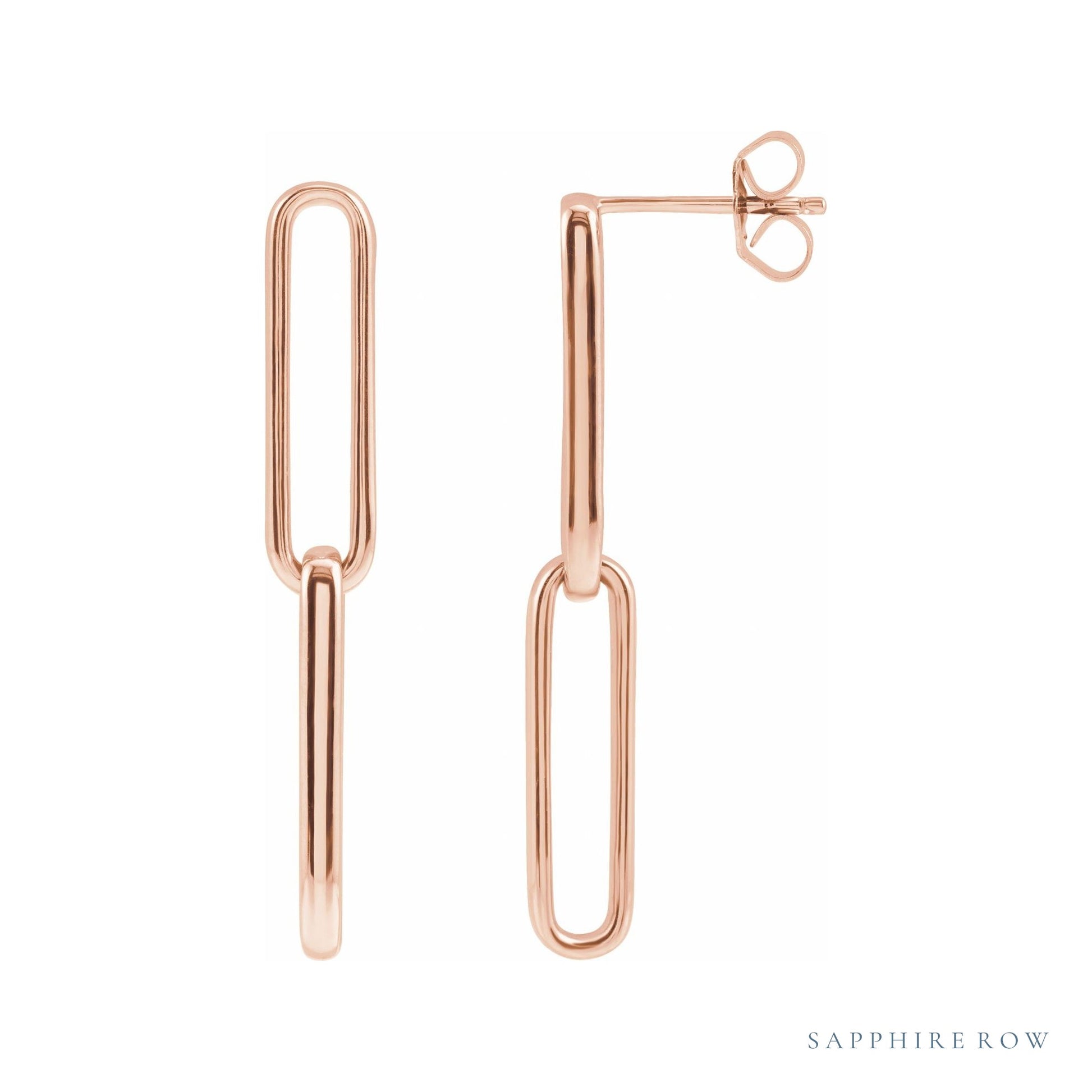 Sapphire Row Gold Paperclip Link Earrings - 14K Rose Gold