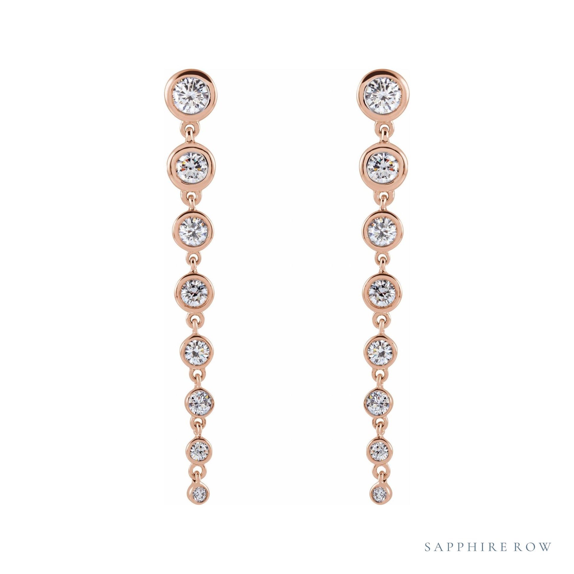 Sapphire Row Lab-Grown Diamond Round Bezel Tennis Earrings - 14K Rose Gold, 1 3/4 CTW (view 2)