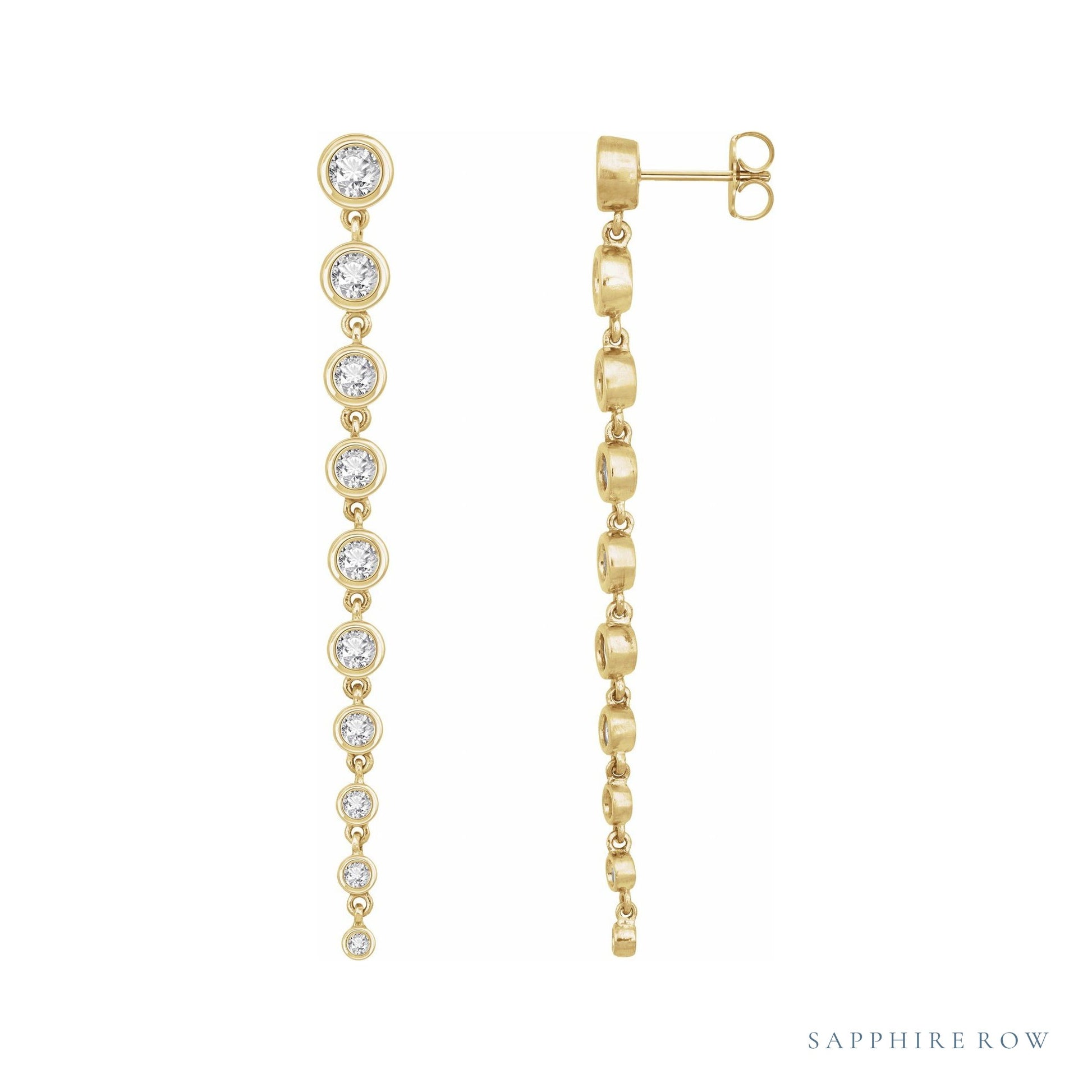 Sapphire Row Lab-Grown Diamond Round Bezel Tennis Earrings - 14K Yellow Gold, 2 CTW