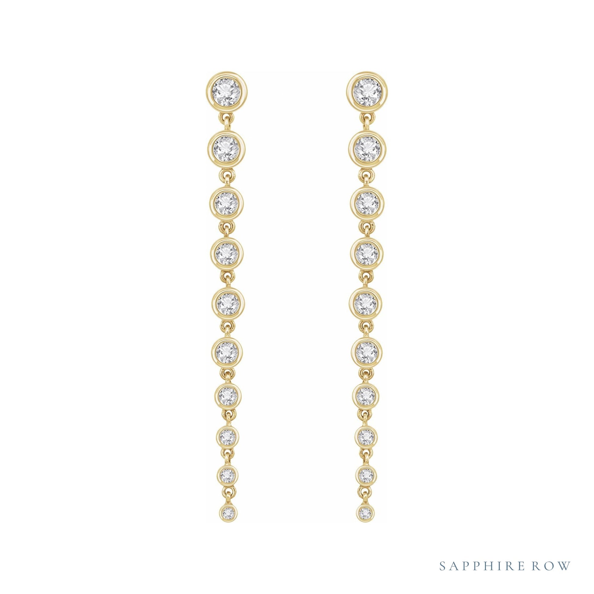 Sapphire Row Lab-Grown Diamond Round Bezel Tennis Earrings - 14K Yellow Gold, 2 CTW (view 2)