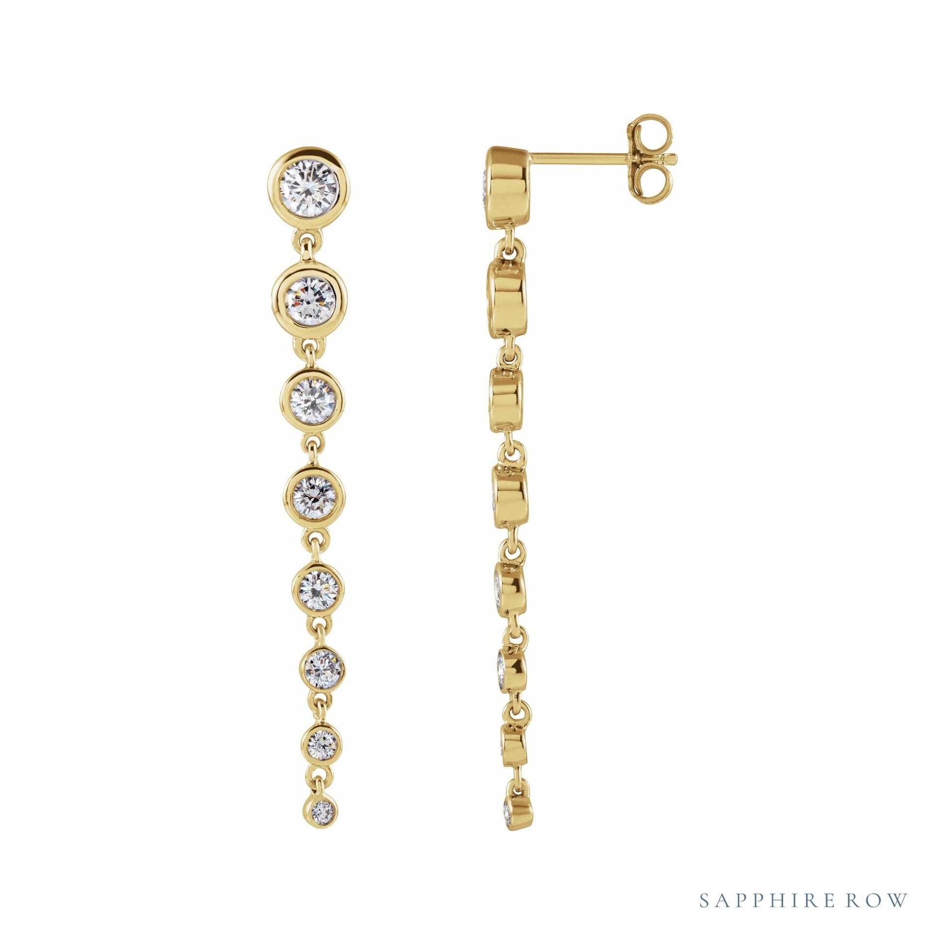 Sapphire Row Lab-Grown Diamond Round Bezel Tennis Earrings - 14K Yellow Gold, 1 3/4 CTW