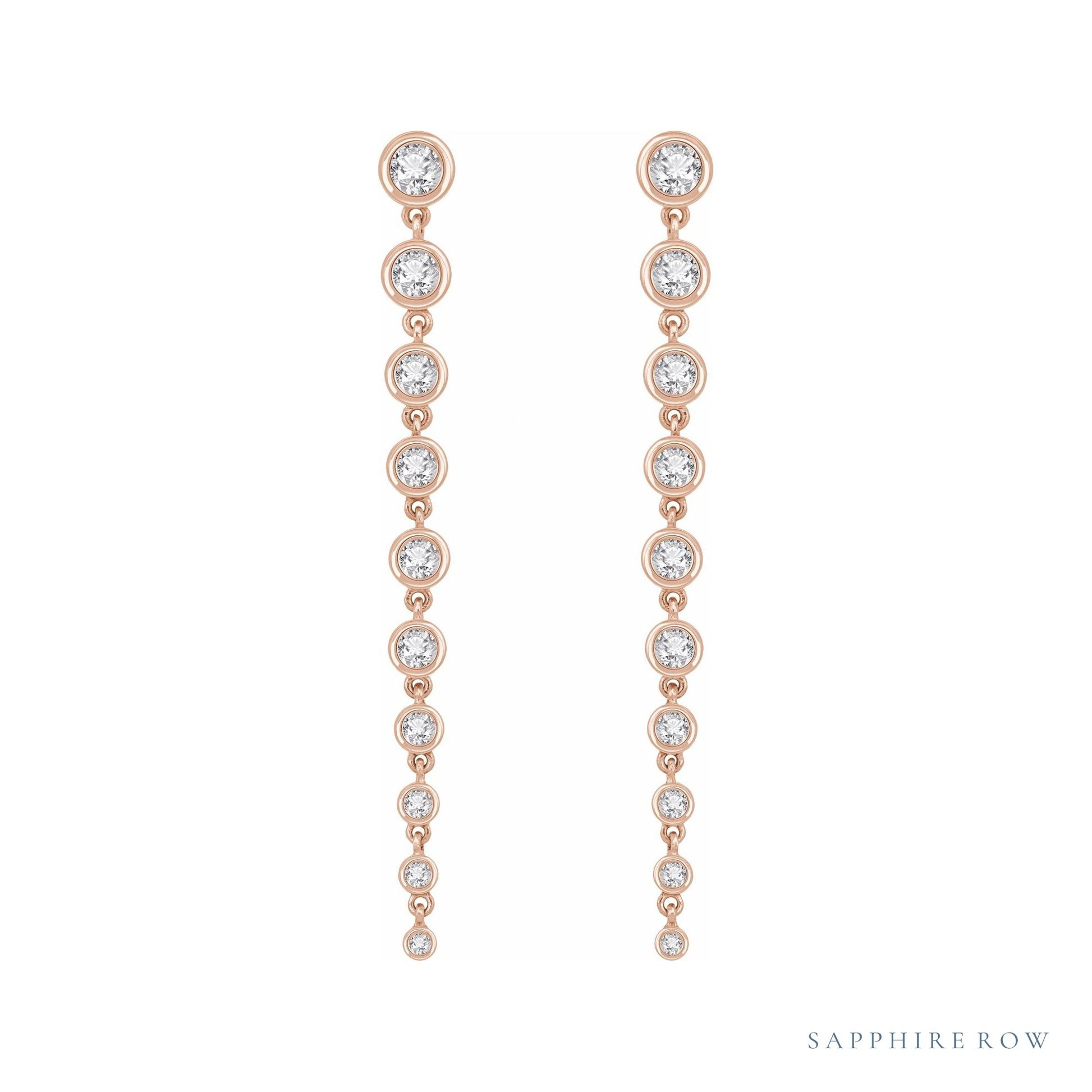 Sapphire Row Lab-Grown Diamond Round Bezel Tennis Earrings - 14K Rose Gold, 2 CTW (view 2)