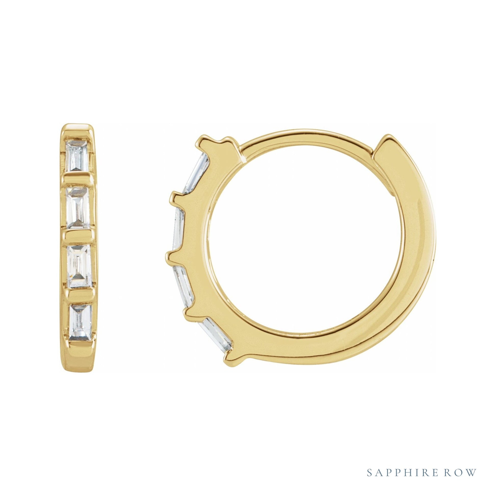 Sapphire Row Natural Gemstone Baguette Huggie Earrings - Diamond, 14K Yellow Gold
