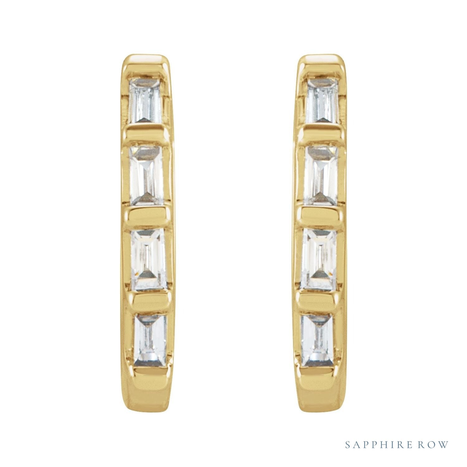 Sapphire Row Natural Gemstone Baguette Huggie Earrings - Diamond, 14K Yellow Gold (view 2)