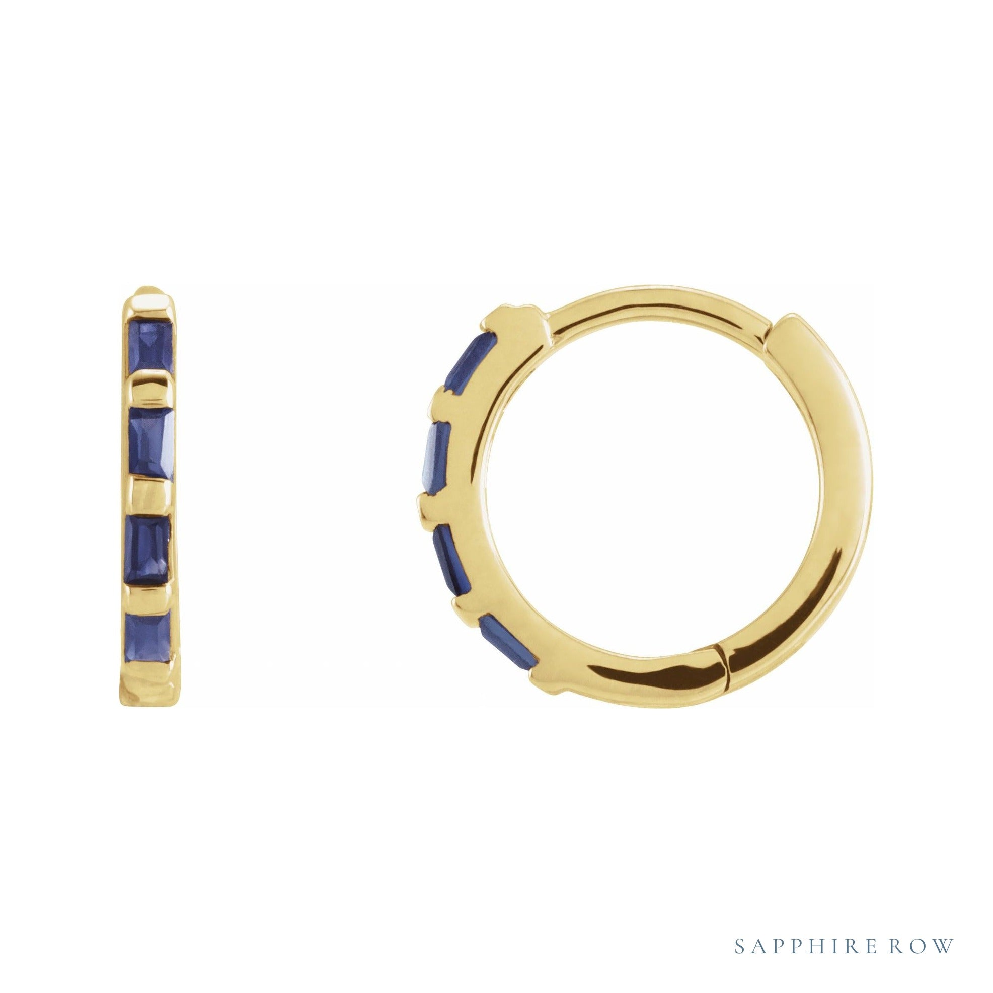 Sapphire Row Natural Gemstone Baguette Huggie Earrings - Blue Sapphire, 14K Yellow Gold