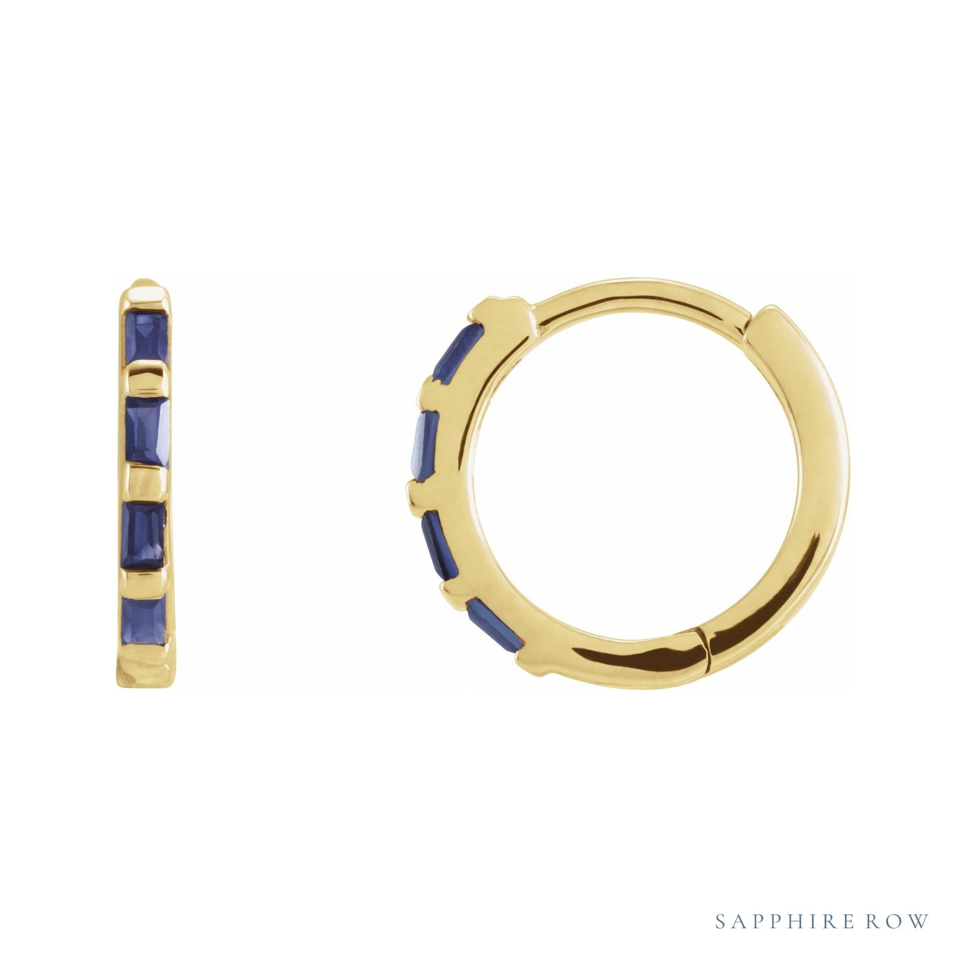 Sapphire Row Natural Gemstone Baguette Huggie Earrings - Blue Sapphire, 14K Yellow Gold