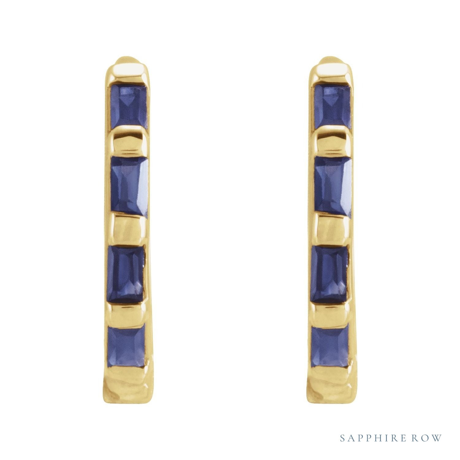 Sapphire Row Natural Gemstone Baguette Huggie Earrings - Blue Sapphire, 14K Yellow Gold (view 2)
