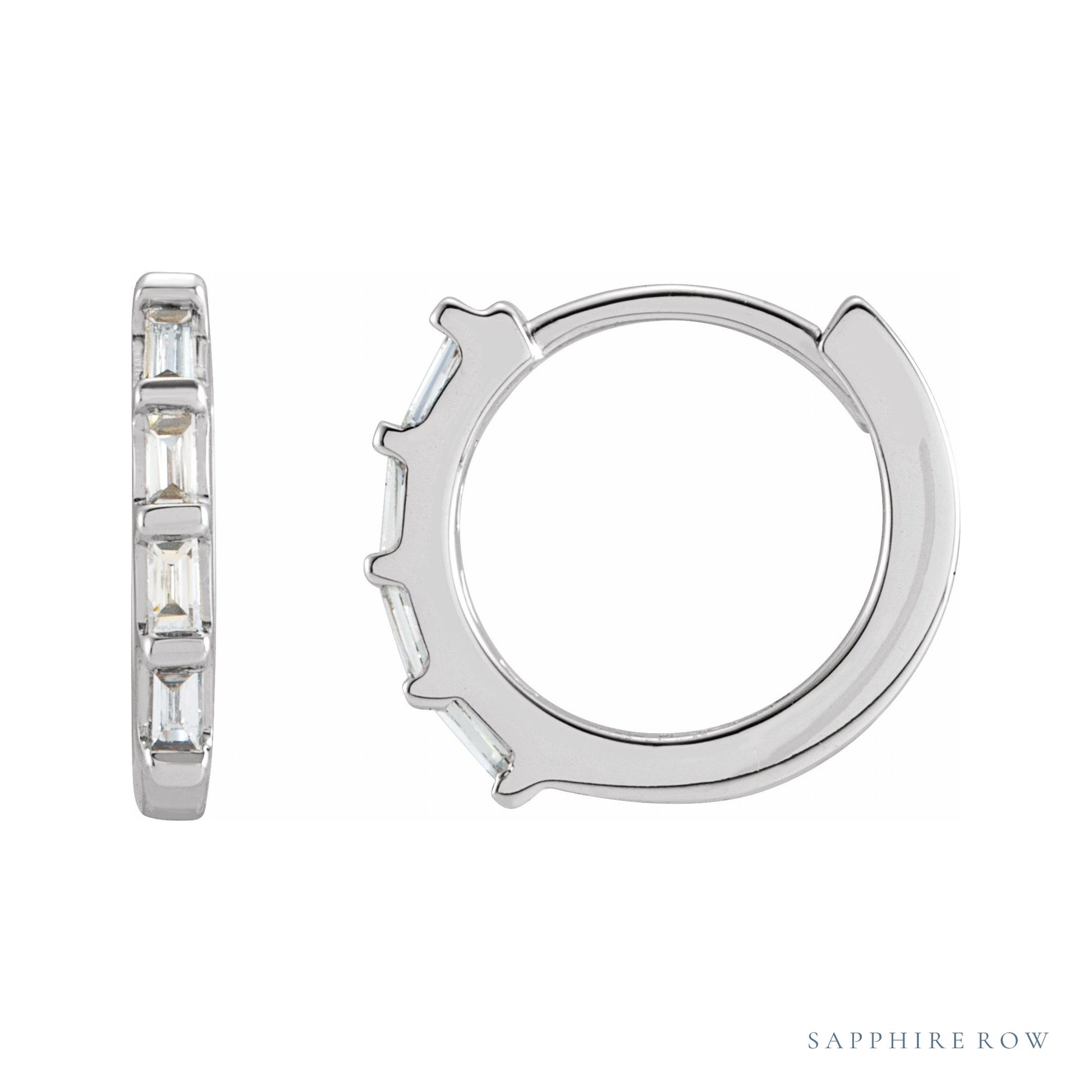 Sapphire Row Natural Gemstone Baguette Huggie Earrings - Diamond, 14K White Gold