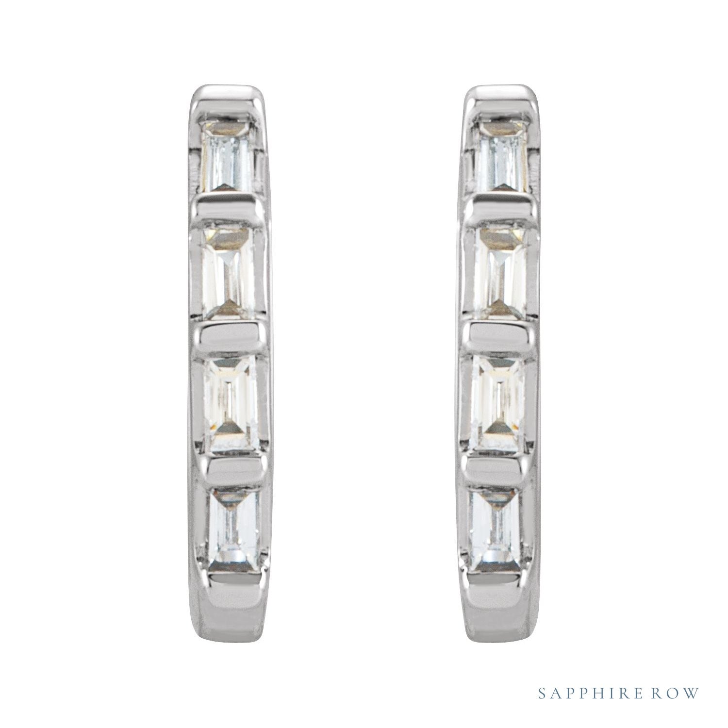 Sapphire Row Natural Gemstone Baguette Huggie Earrings - Diamond, 14K White Gold (view 2)