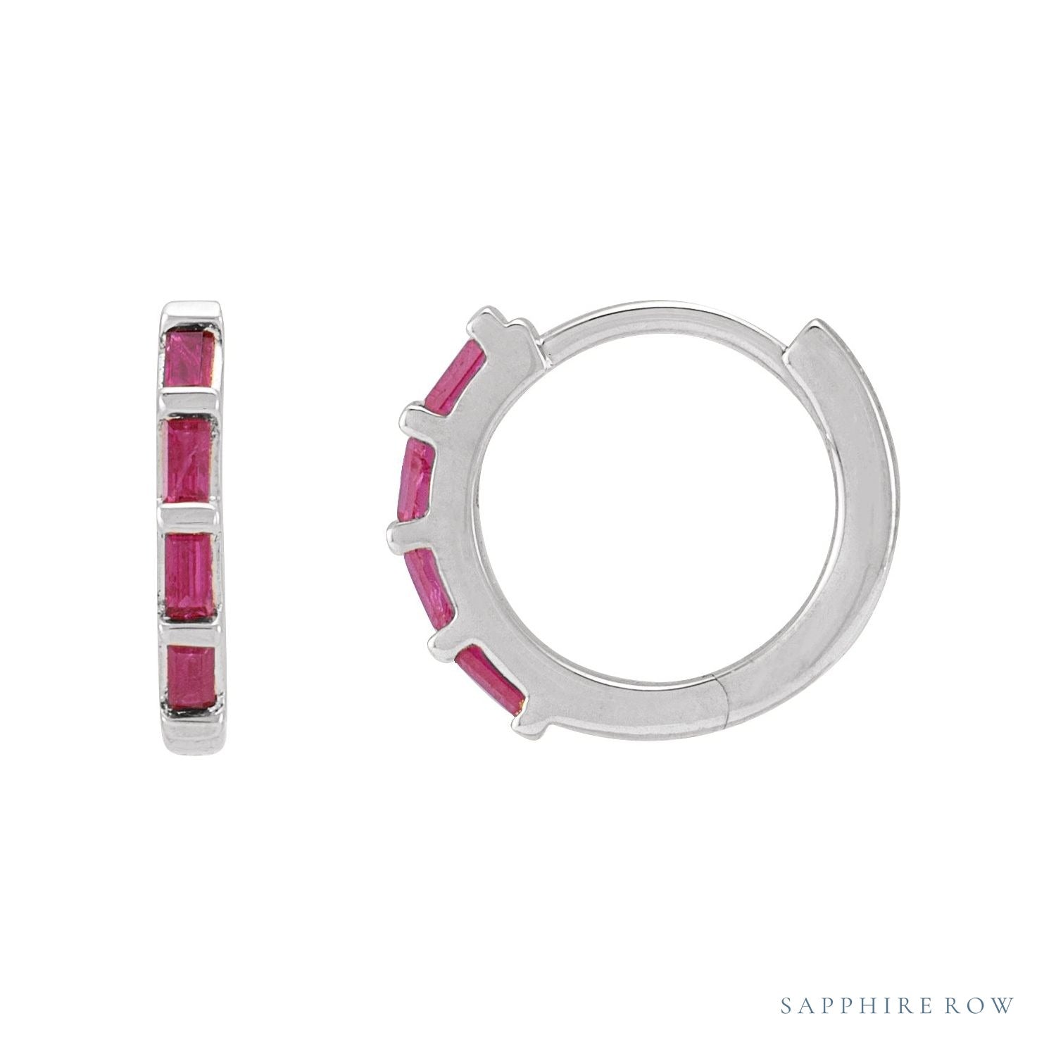 Sapphire Row Natural Gemstone Baguette Huggie Earrings - Ruby, 14K White Gold