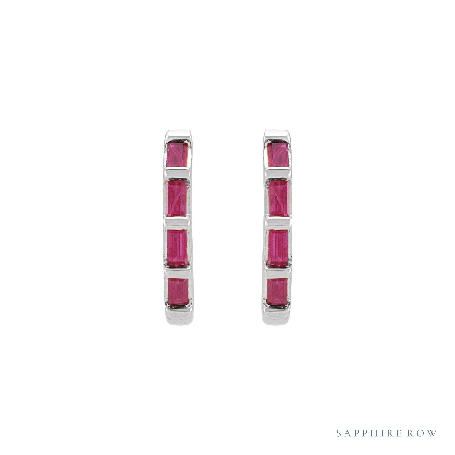 Sapphire Row Natural Gemstone Baguette Huggie Earrings - Ruby, 14K White Gold (view 2)