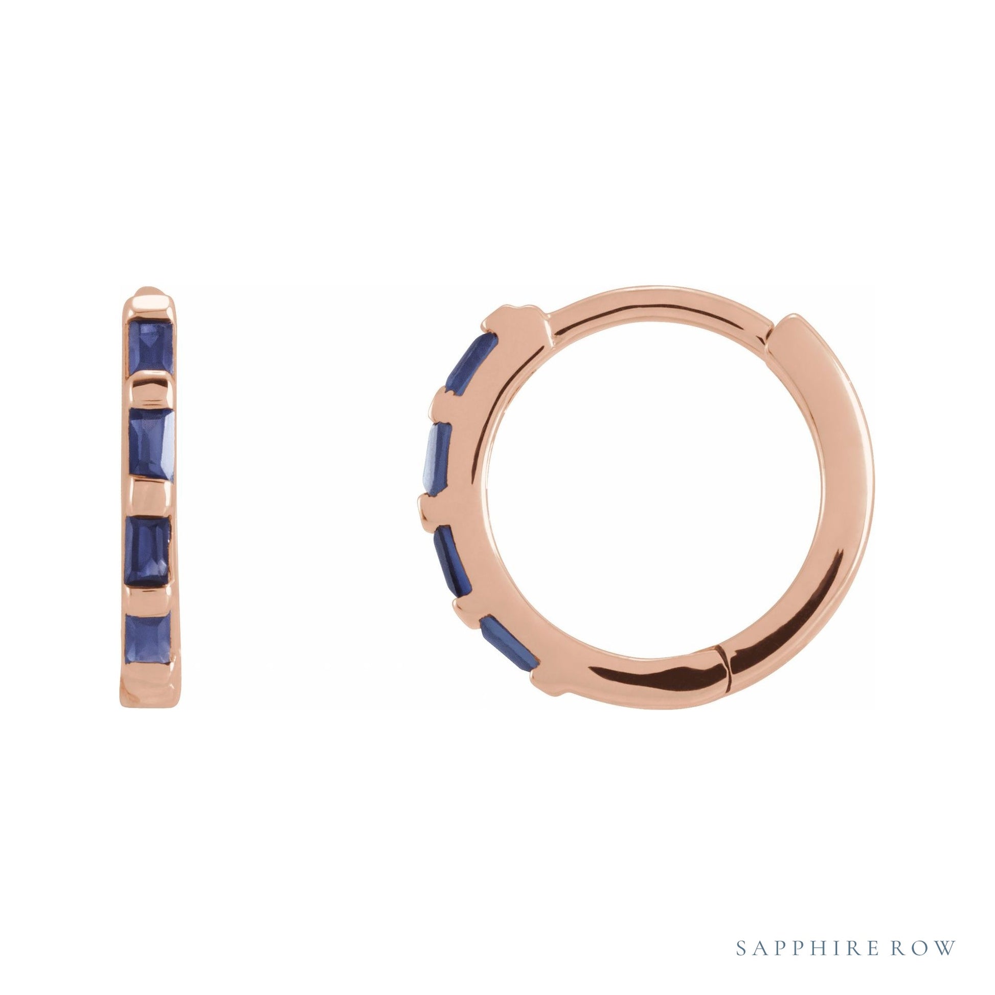 Sapphire Row Natural Gemstone Baguette Huggie Earrings - Blue Sapphire, 14K Rose Gold