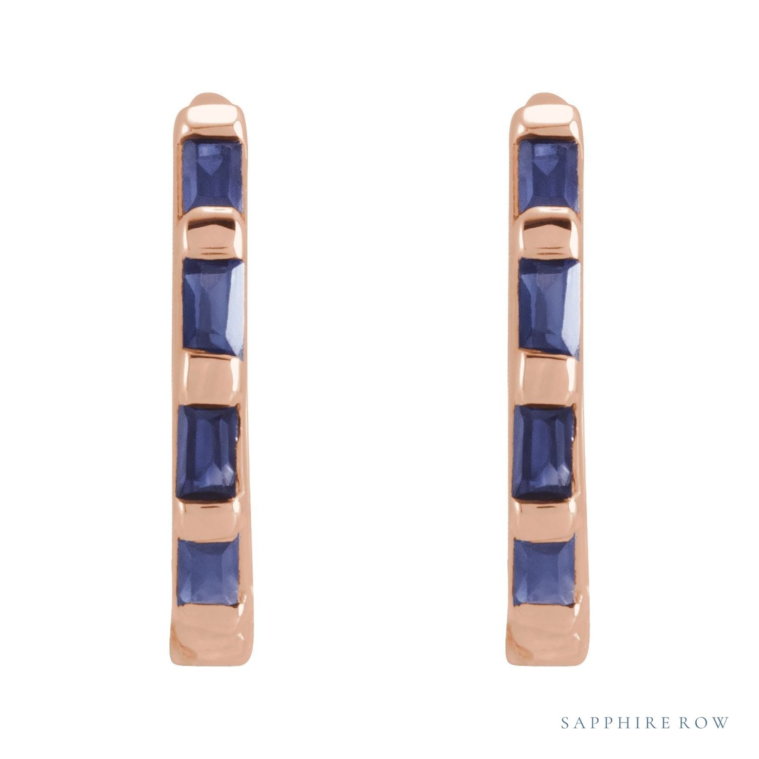Sapphire Row Natural Gemstone Baguette Huggie Earrings - Blue Sapphire, 14K Rose Gold (view 2)
