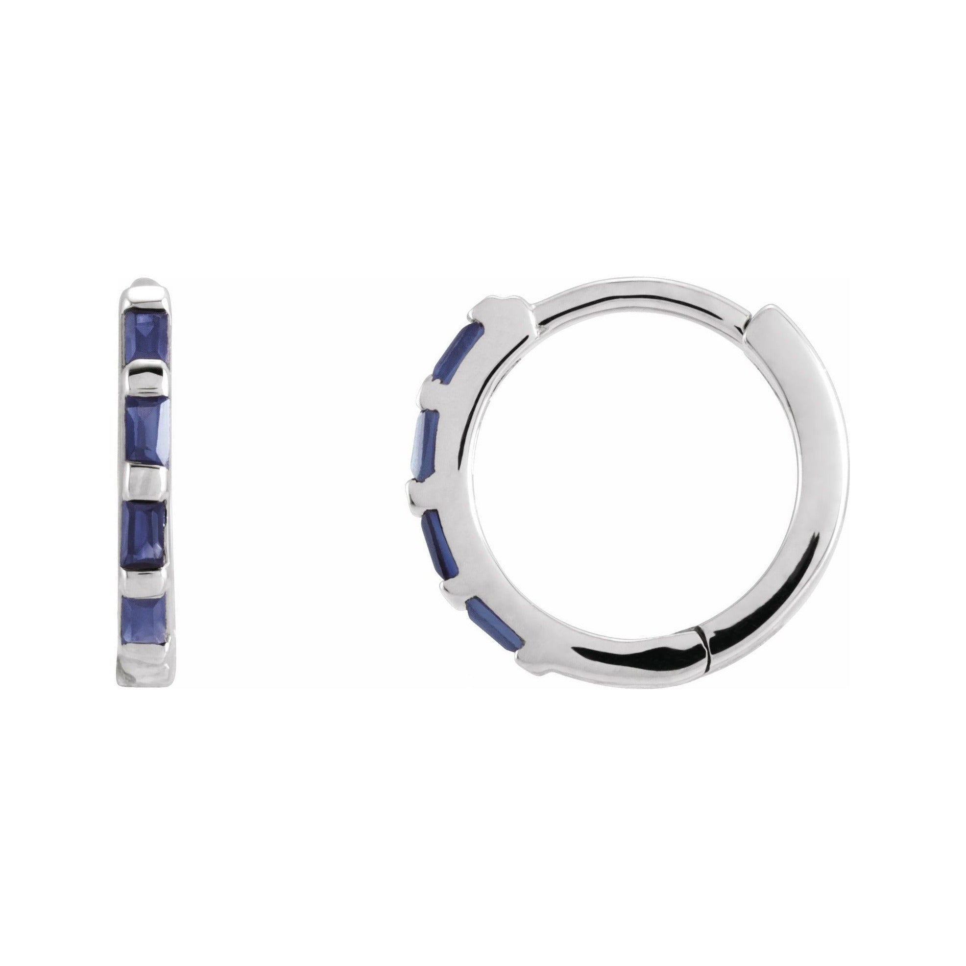 Sapphire Row Natural Gemstone Baguette Huggie Earrings - Blue Sapphire, 14K White Gold