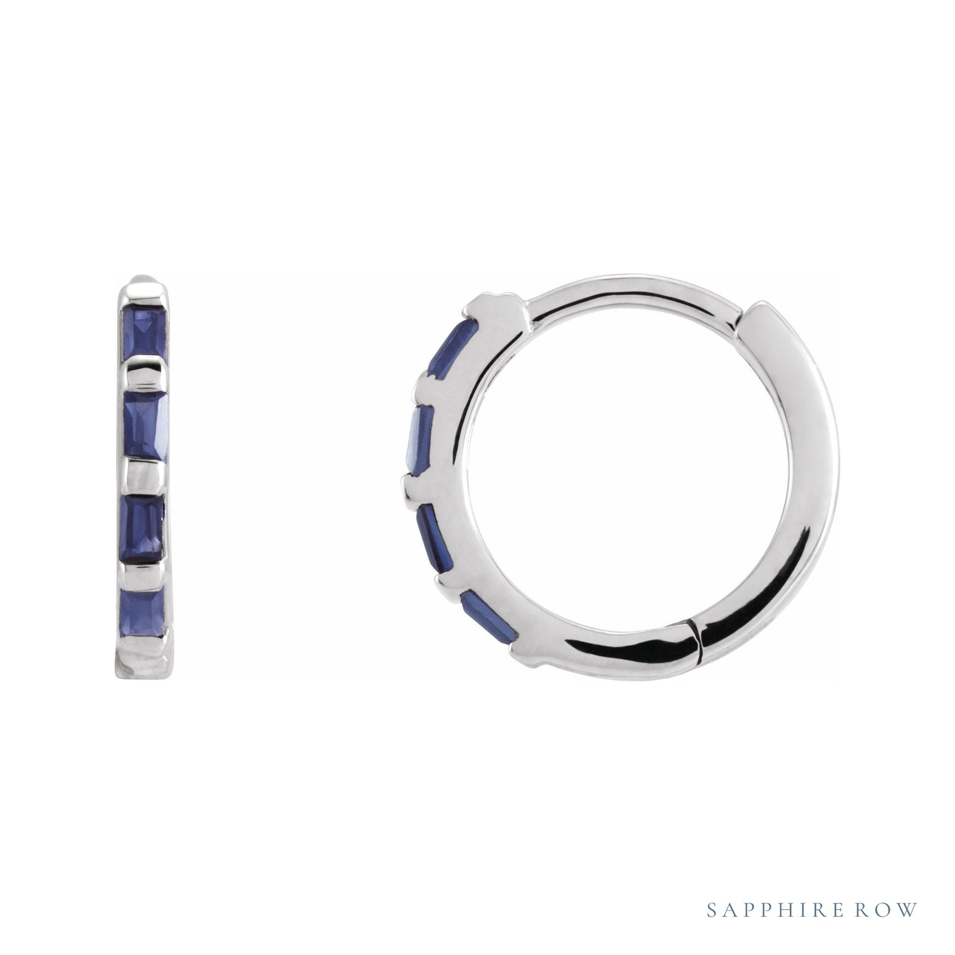 Sapphire Row Natural Gemstone Baguette Huggie Earrings - Blue Sapphire, 14K White Gold