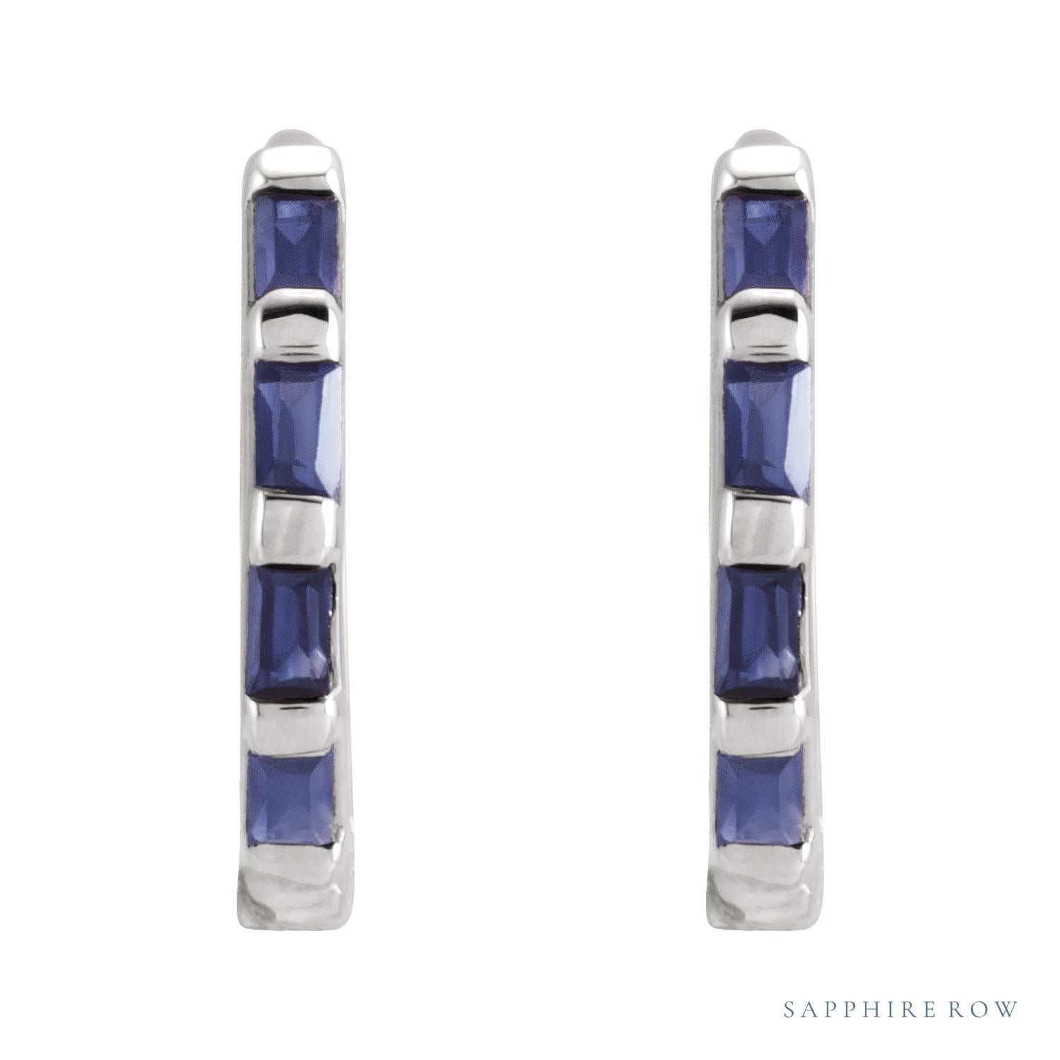 Sapphire Row Natural Gemstone Baguette Huggie Earrings - Blue Sapphire, 14K White Gold (view 2)
