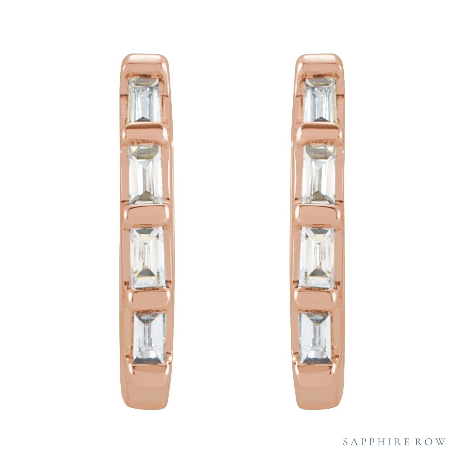 Sapphire Row Natural Gemstone Baguette Huggie Earrings - Diamond, 14K Rose Gold (view 2)
