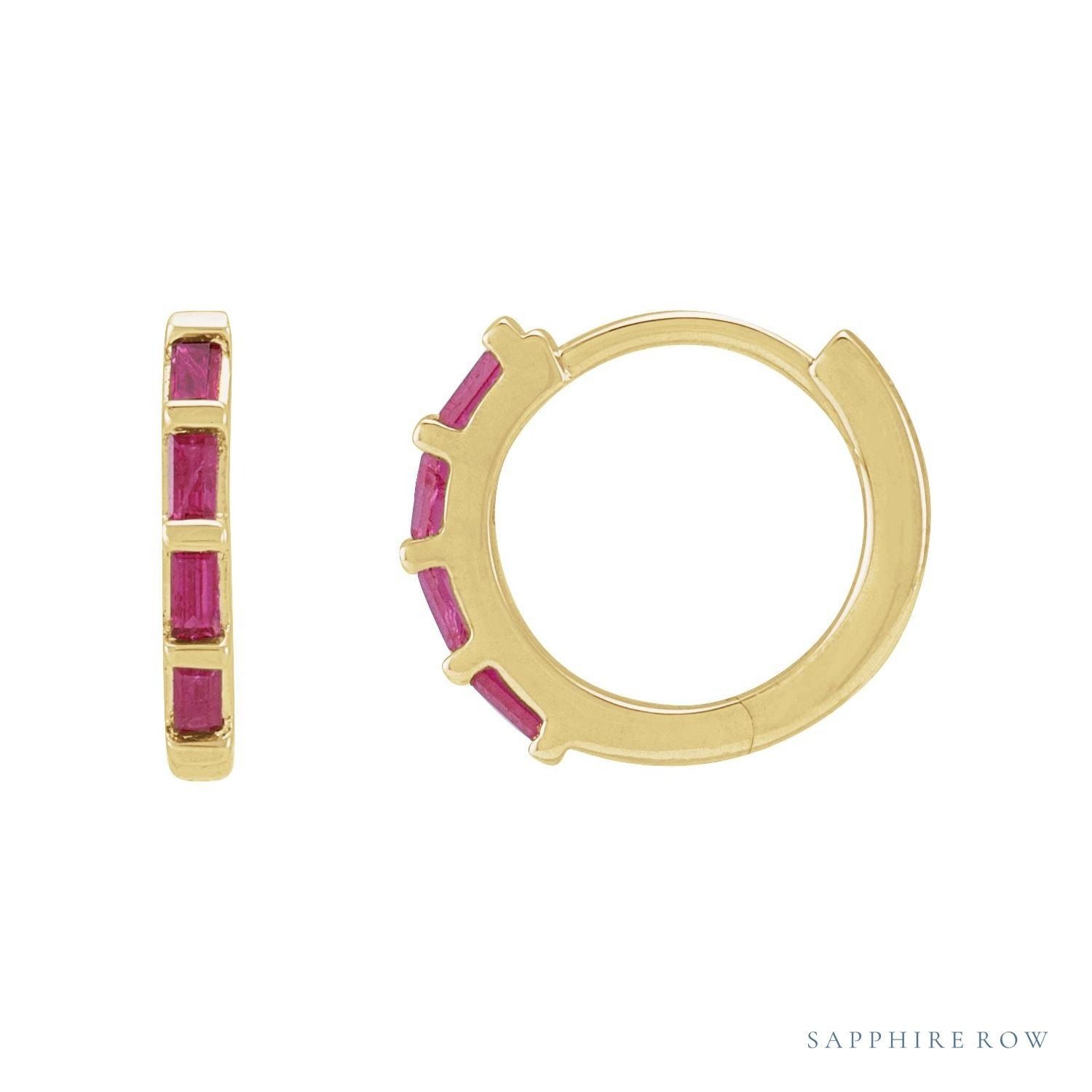 Sapphire Row Natural Gemstone Baguette Huggie Earrings - Ruby, 14K Yellow Gold