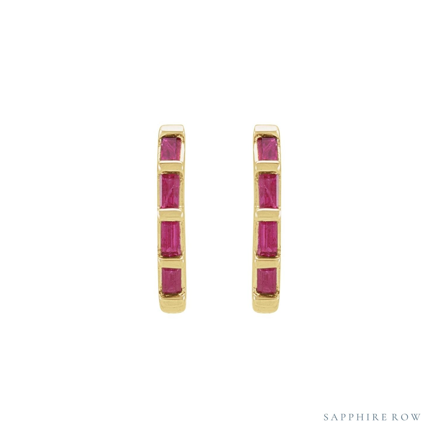 Sapphire Row Natural Gemstone Baguette Huggie Earrings - Ruby, 14K Yellow Gold (view 2)