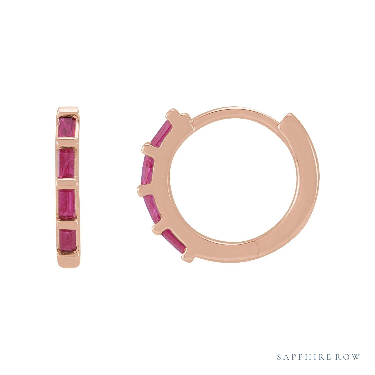 Sapphire Row Natural Gemstone Baguette Huggie Earrings - Ruby, 14K Rose Gold