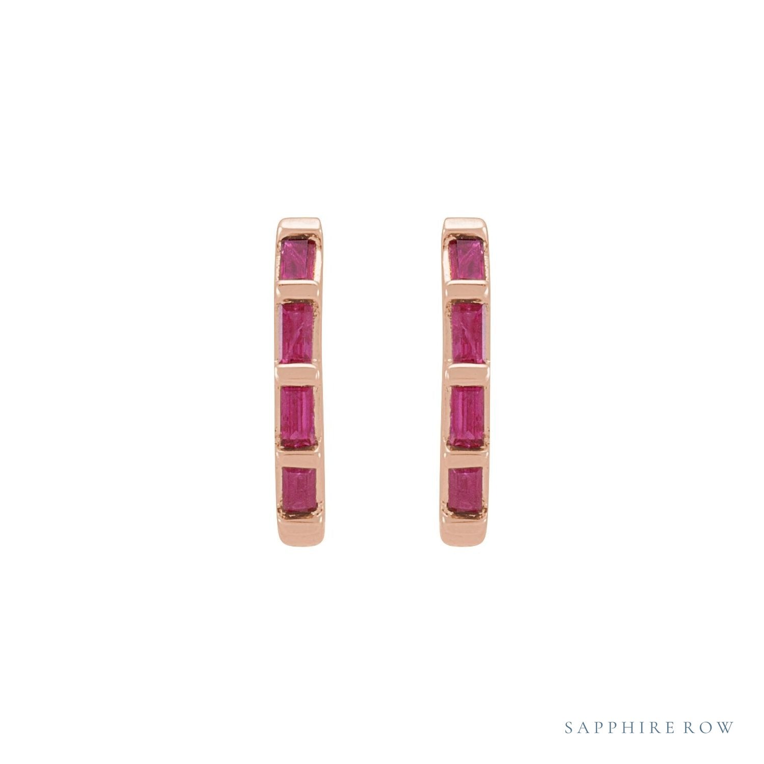 Sapphire Row Natural Gemstone Baguette Huggie Earrings - Ruby, 14K Rose Gold (view 2)