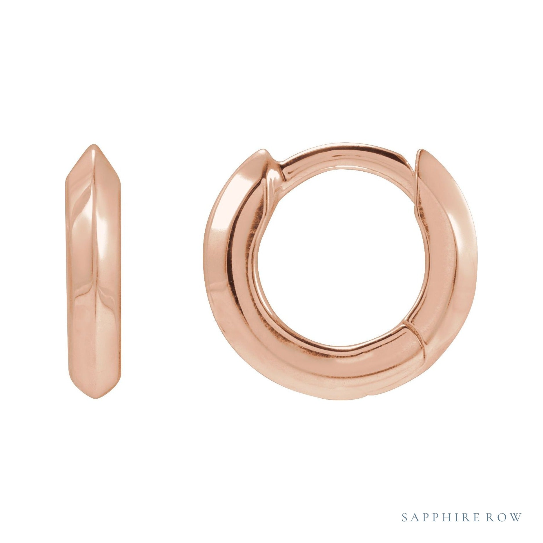 Sapphire Row Gold Knife-Edge Huggie Earrings - 14K Rose Gold, 10 mm