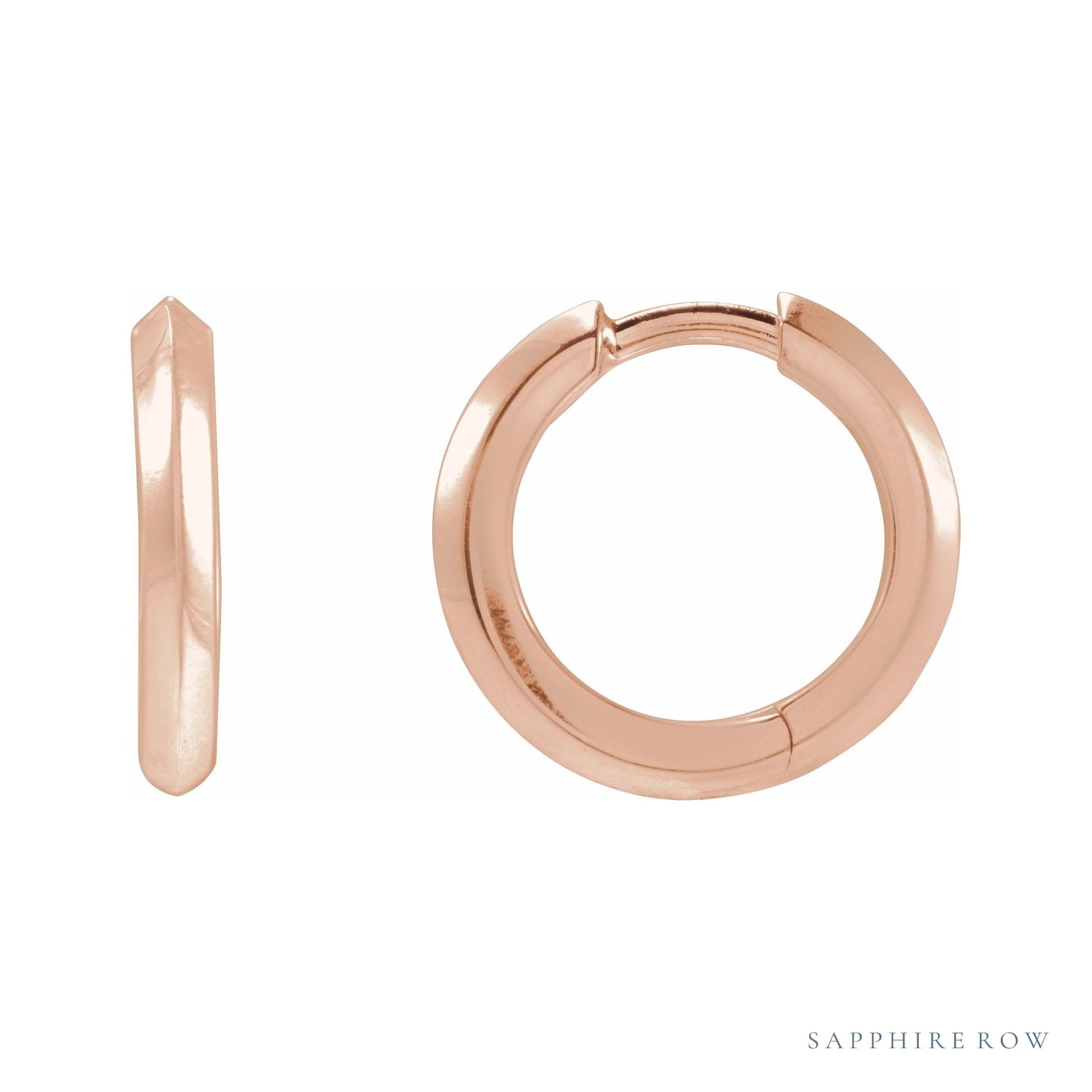 Sapphire Row Gold Knife-Edge Huggie Earrings - 14K Rose Gold, 15 mm