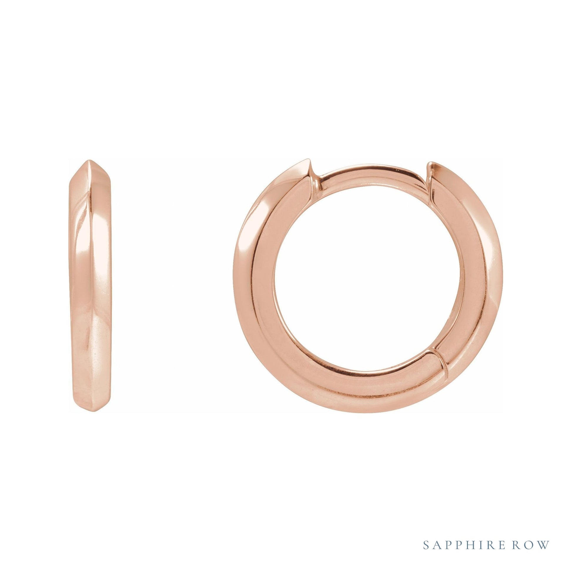 Sapphire Row Gold Knife-Edge Huggie Earrings - 14K Rose Gold, 12.5 mm