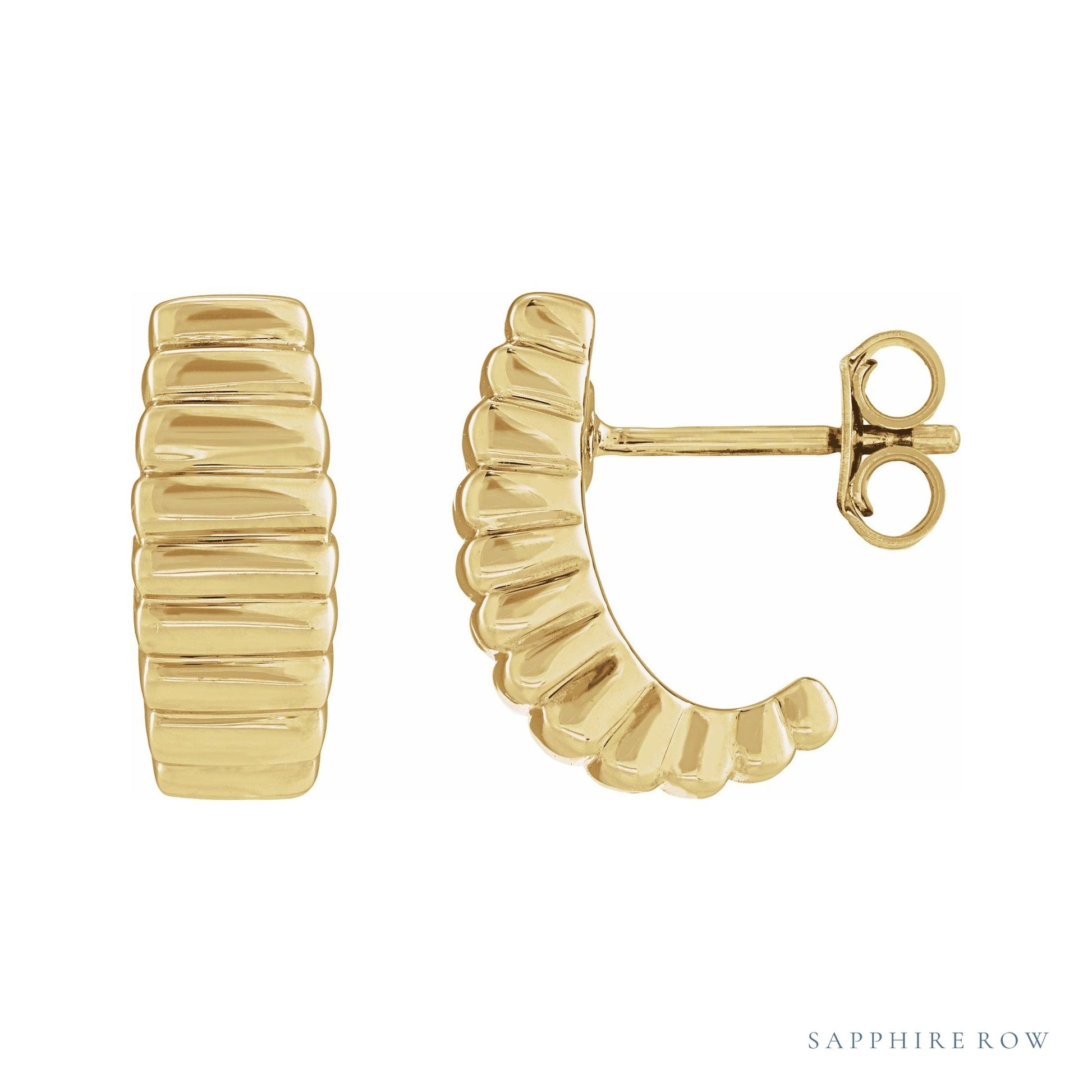 Sapphire Row Gold Puffed J-Hoop Earrings - 14K Yellow Gold