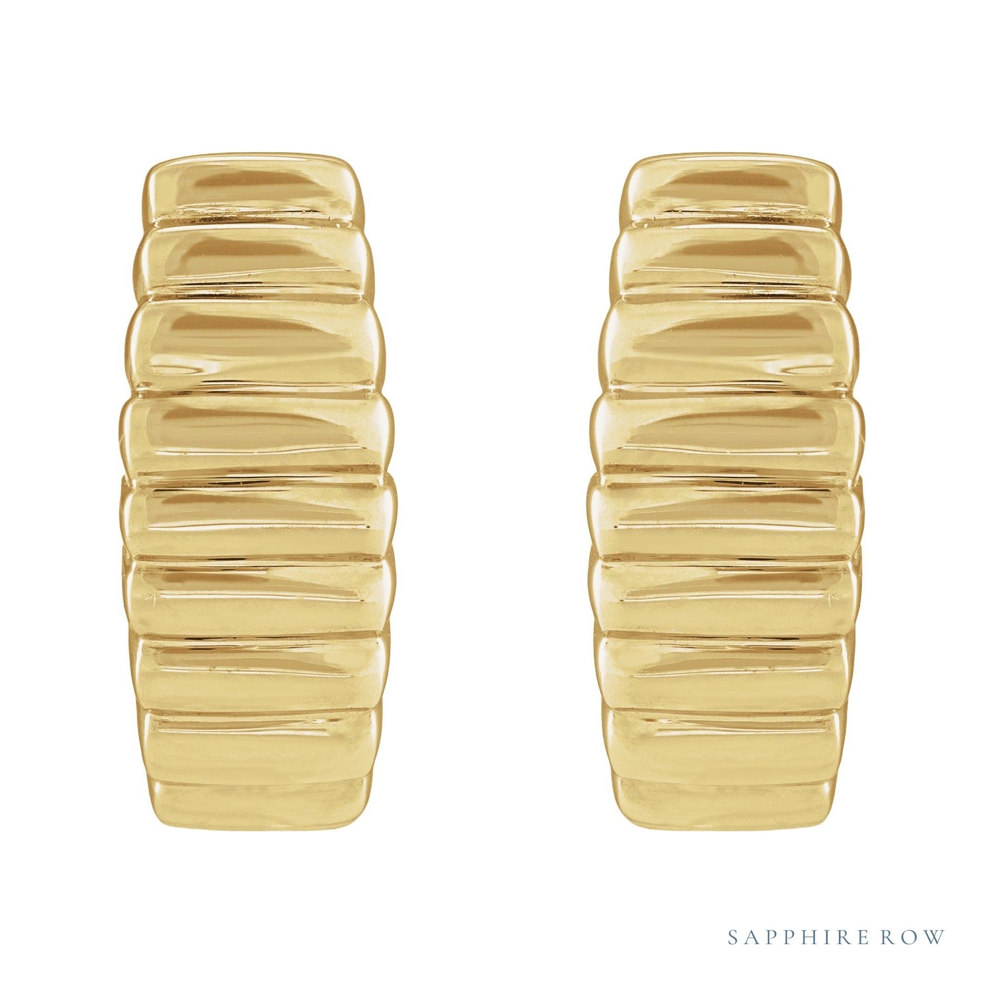 Sapphire Row Gold Puffed J-Hoop Earrings - 14K Yellow Gold (view 2)