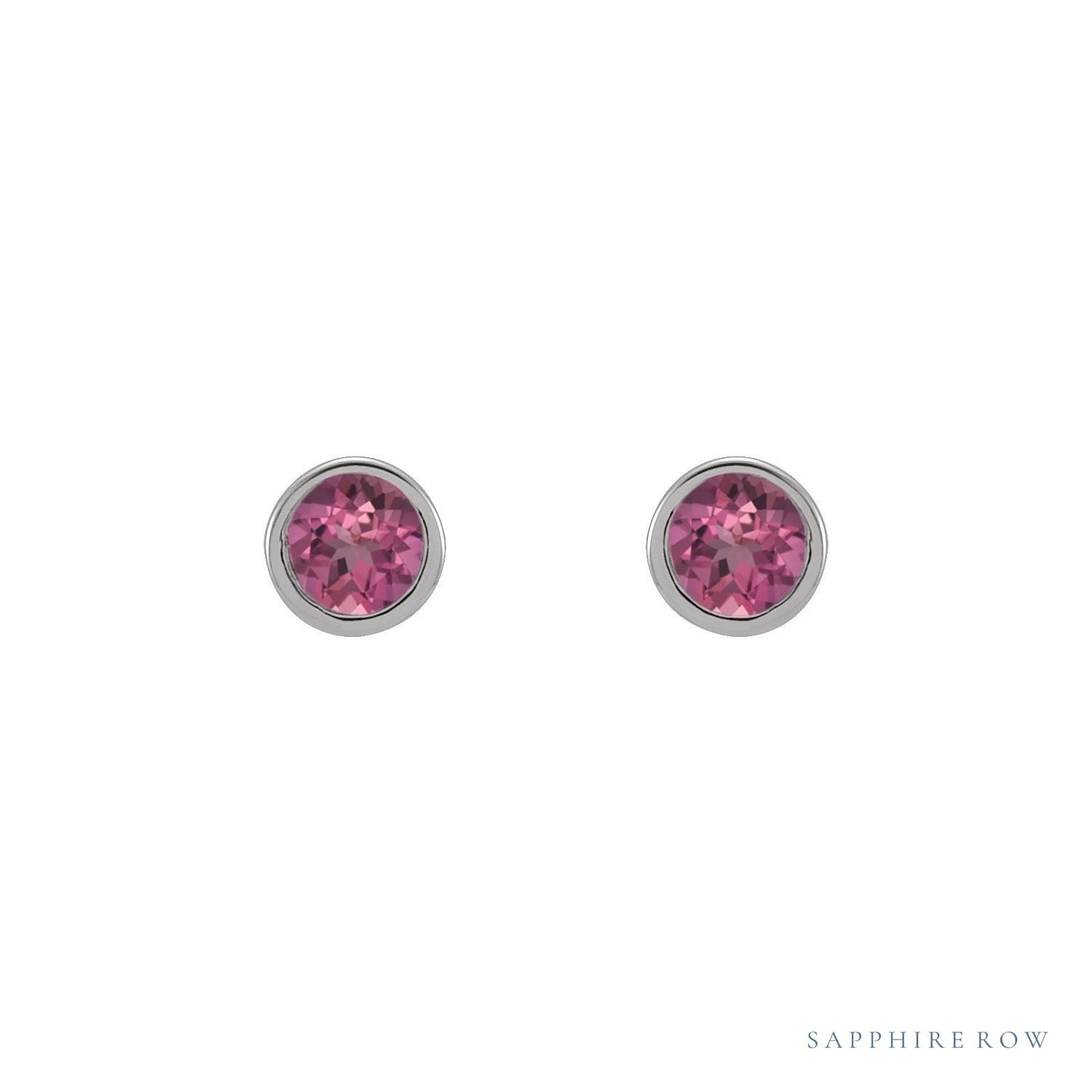 Sapphire Row Natural Gemstone Micro Bezel Studs - Pink Tourmaline, Platinum (view 2)
