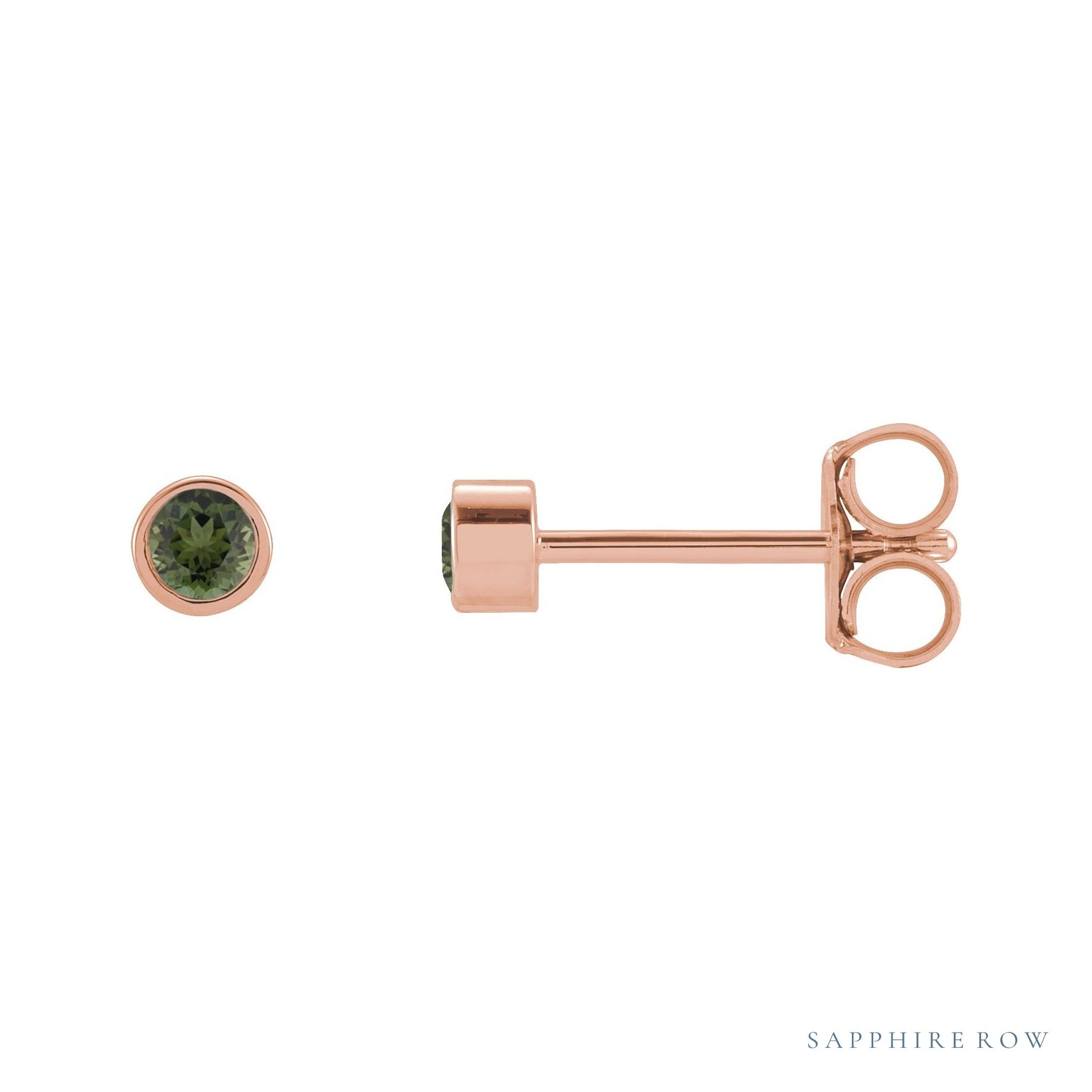 Sapphire Row Natural Gemstone Micro Bezel Studs - Green Tourmaline, 14K Rose Gold, 2.5 mm