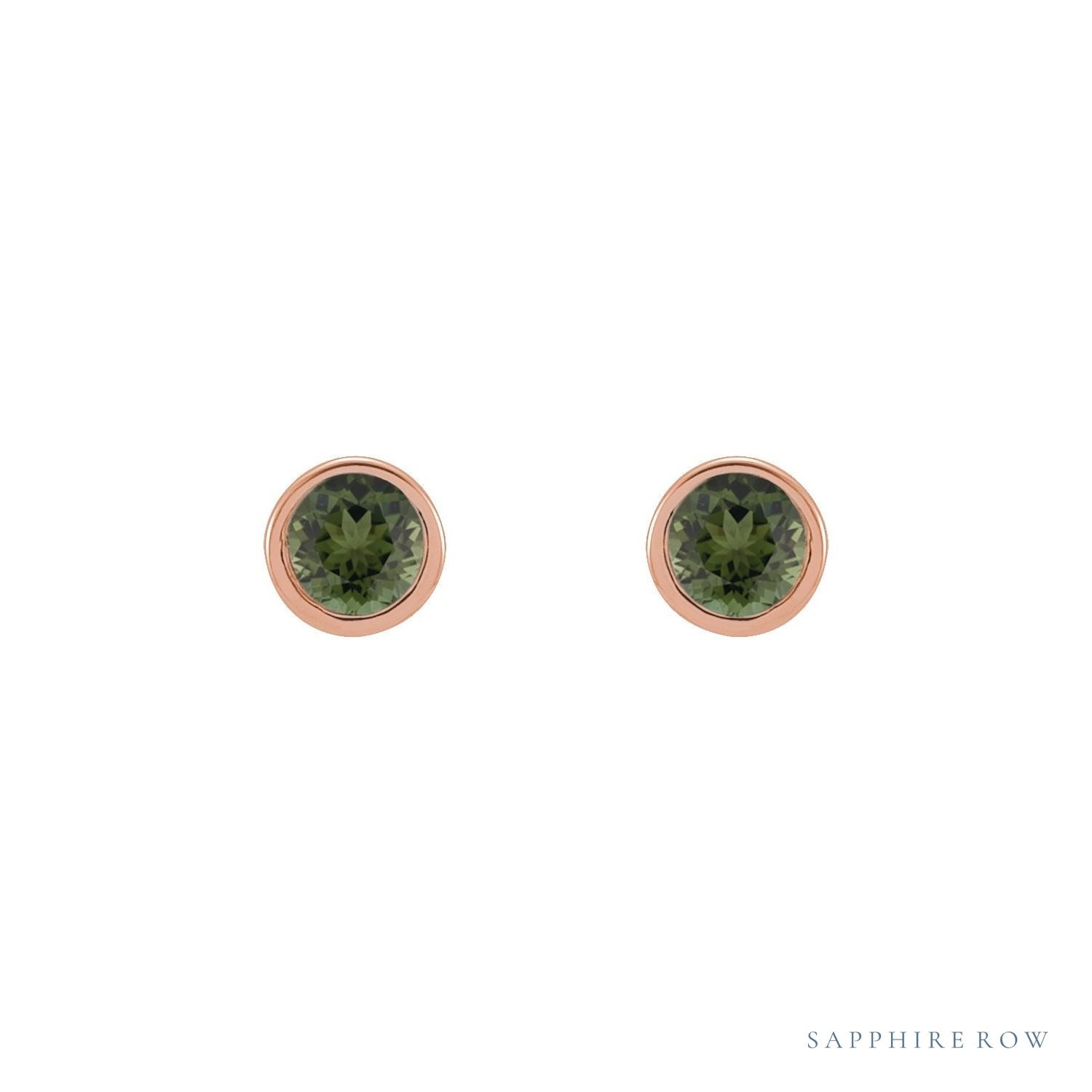 Sapphire Row Natural Gemstone Micro Bezel Studs - Green Tourmaline, 14K Rose Gold, 2.5 mm (view 2)
